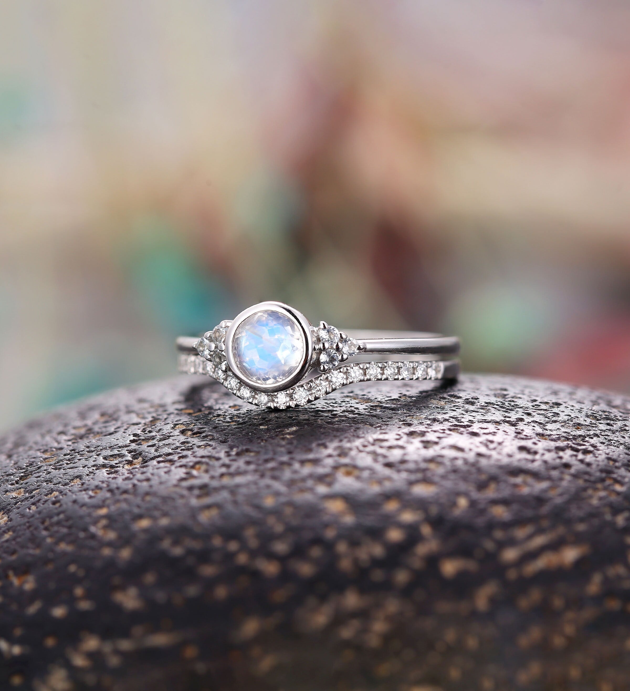 Moonstone engagement ring set for  white gold cluster Vintage curved diamond wedding ring unique art deco Jewelry Anniversary gift