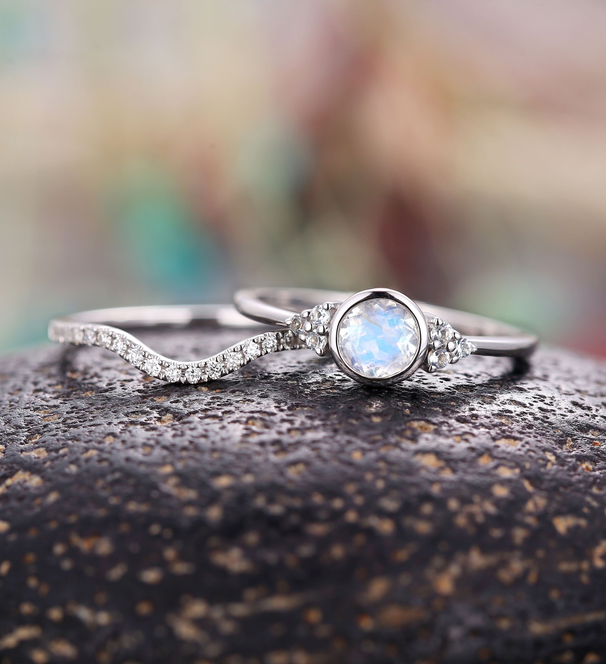 Moonstone engagement ring set for  white gold cluster Vintage curved diamond wedding ring unique art deco Jewelry Anniversary gift