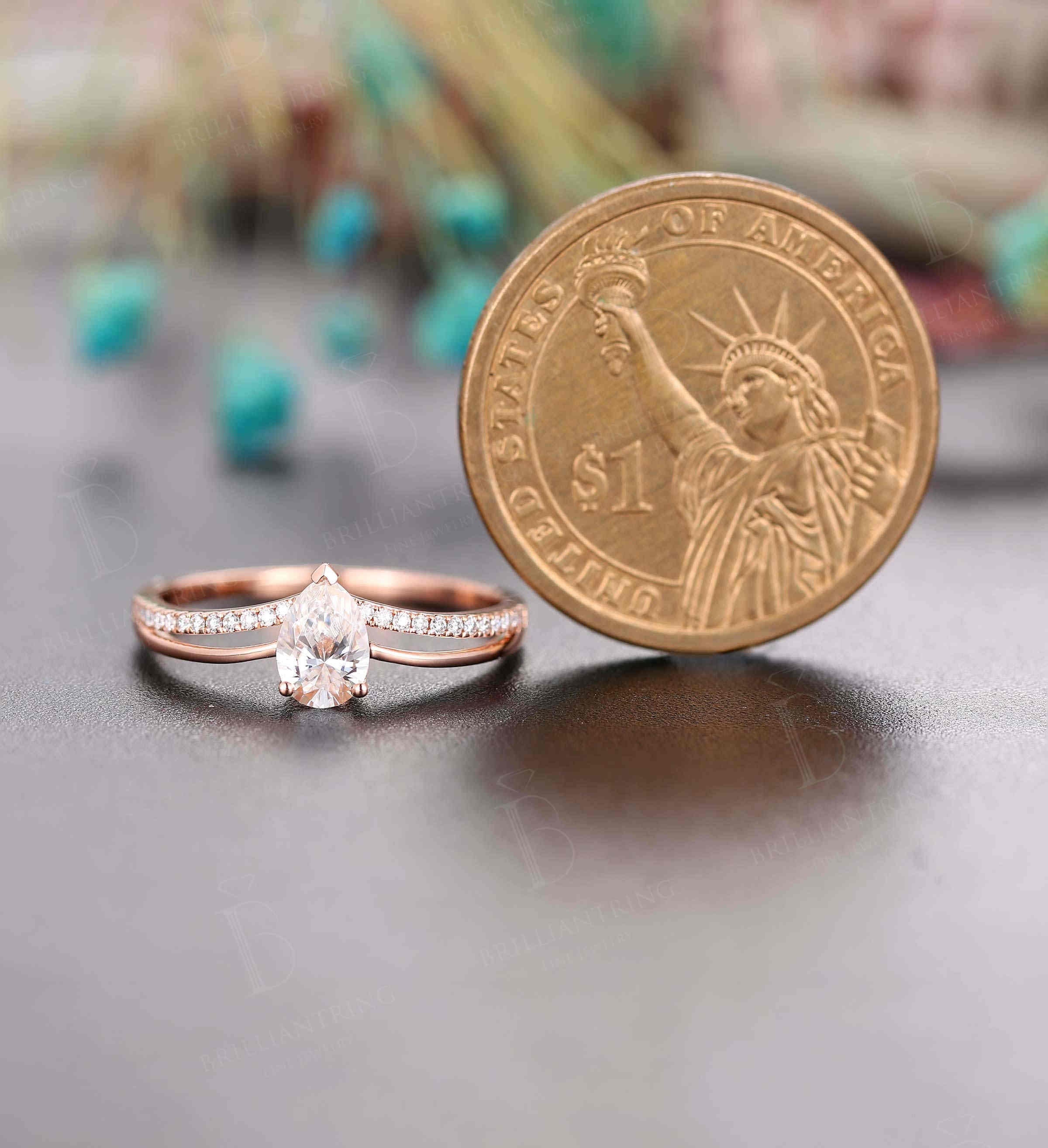 Art deco Pear shaped Moissanite engagement ring Vintage antique diamond half eternity rose gold Unique wedding  promise ring