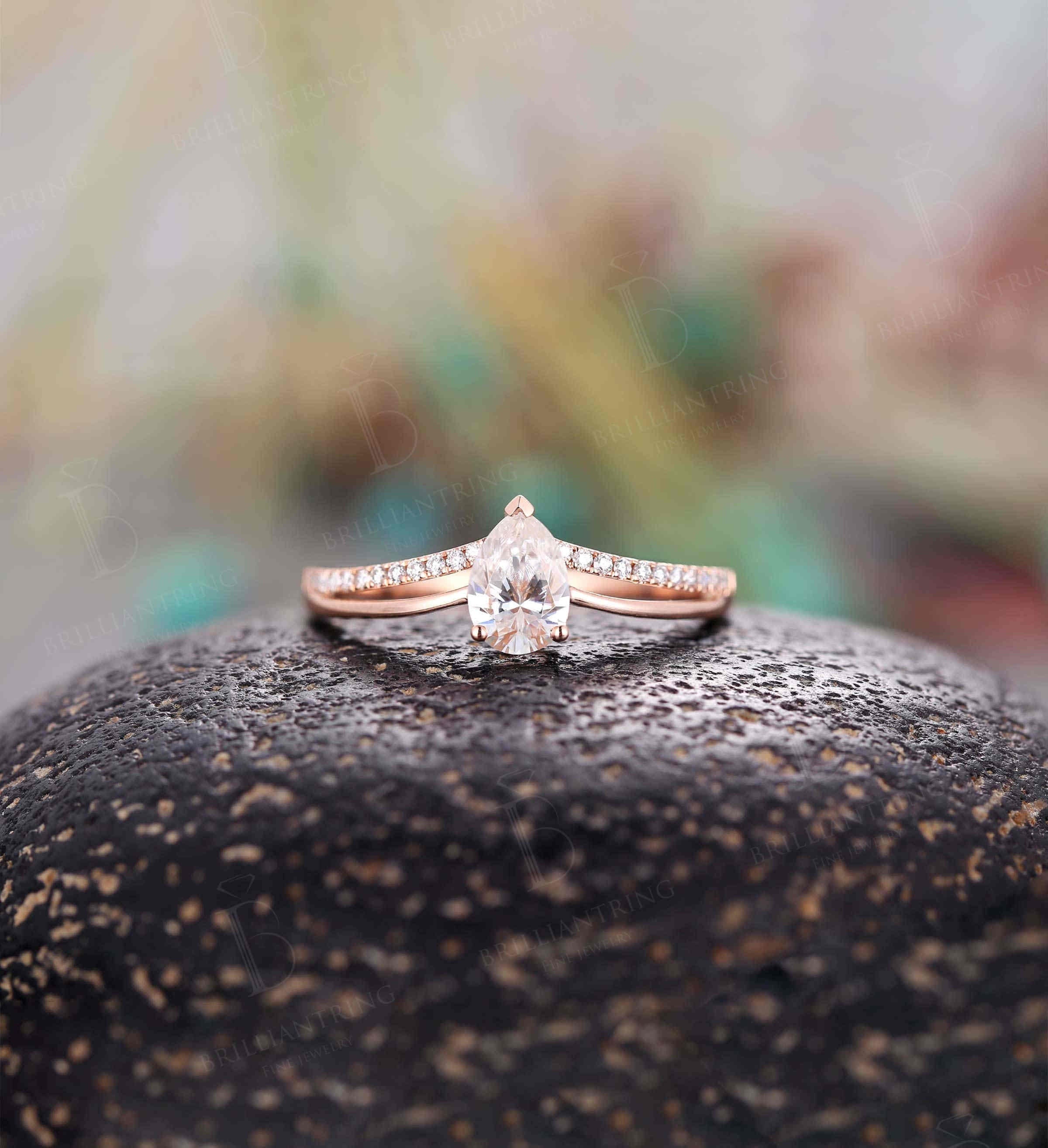 Art deco Pear shaped Moissanite engagement ring Vintage antique diamond half eternity rose gold Unique wedding  promise ring