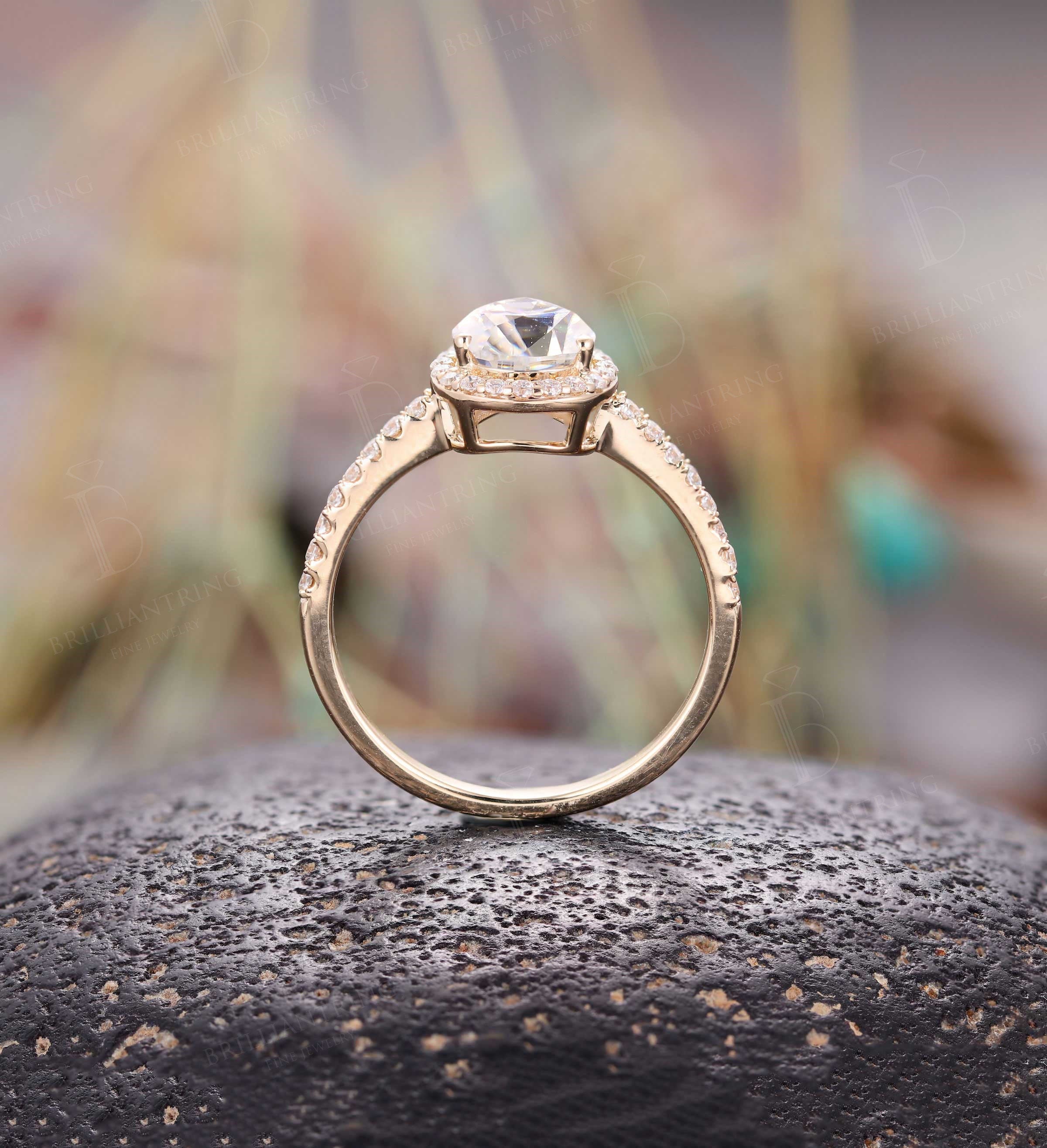 Moissanite engagement ring  yellow gold pear shaped halo vintage unique Wedding  Jewelry birthstone Anniversary wedding ring