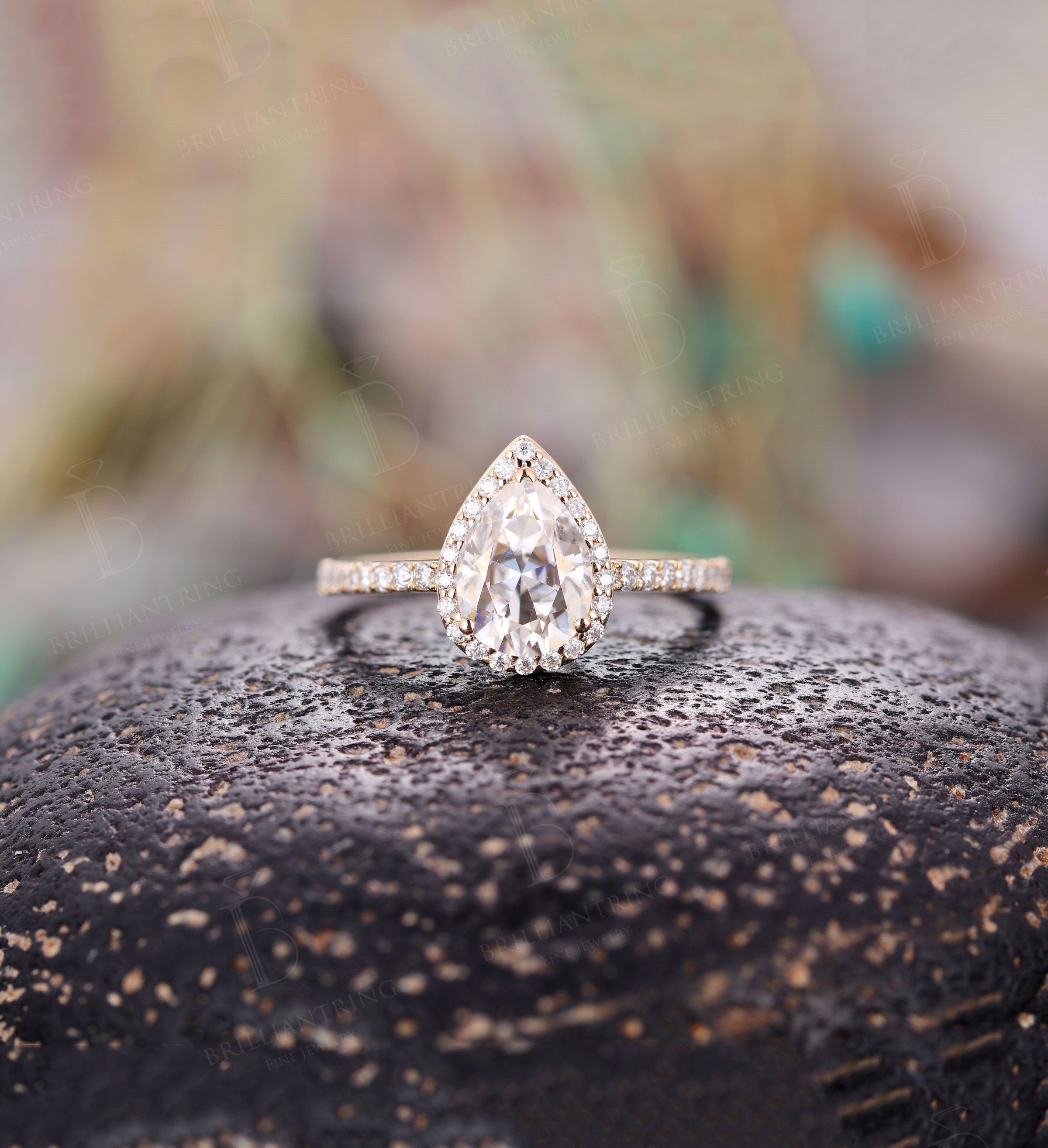 Moissanite engagement ring  yellow gold pear shaped halo vintage unique Wedding  Jewelry birthstone Anniversary wedding ring