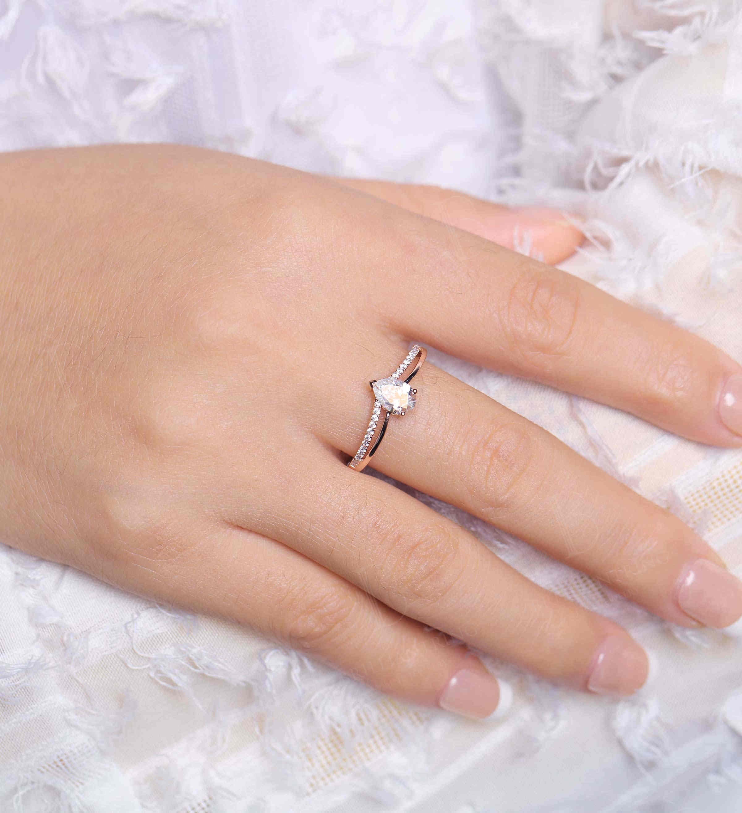 Art deco Pear shaped Moissanite engagement ring Vintage antique diamond half eternity rose gold Unique wedding  promise ring