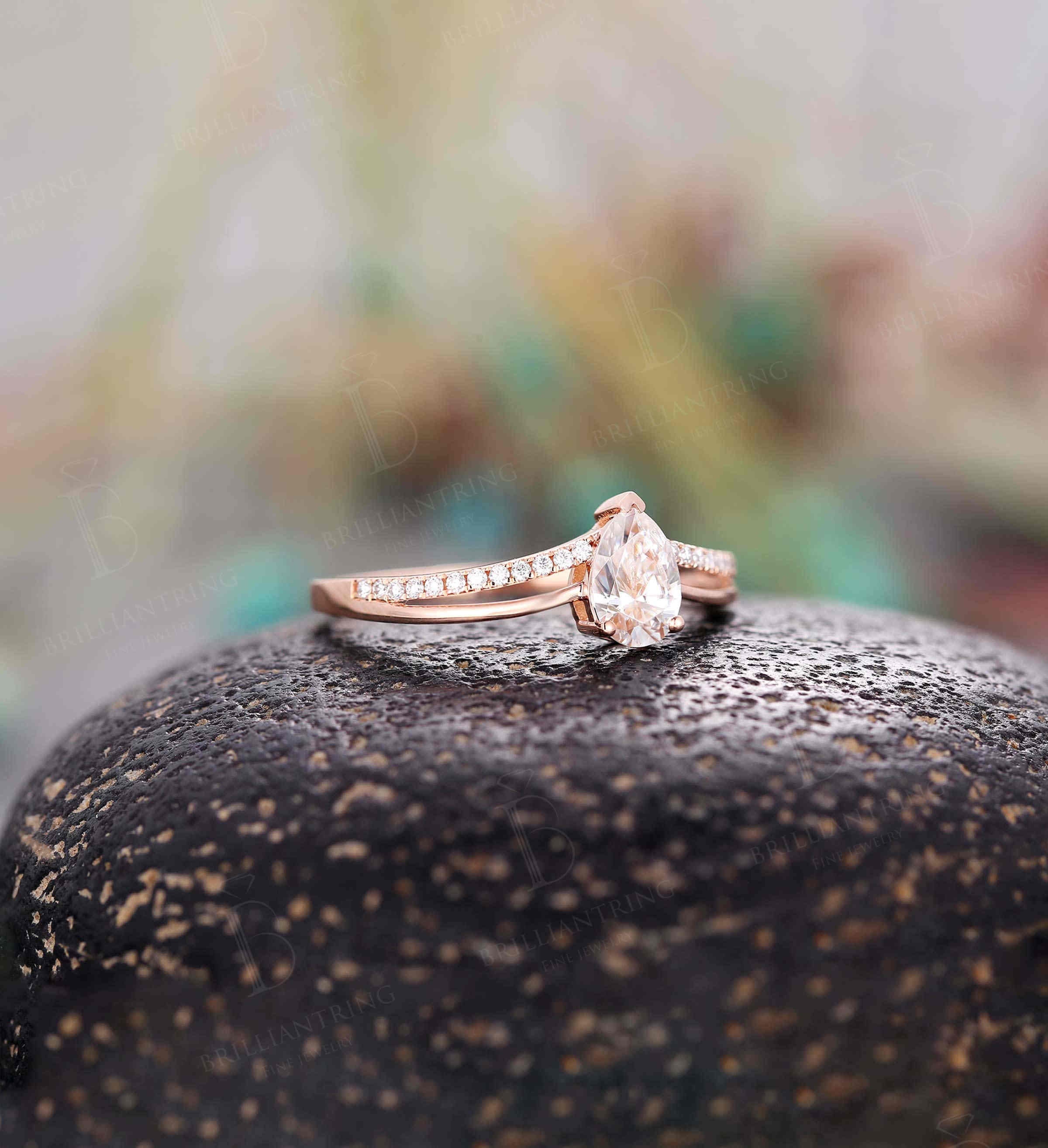 Art deco Pear shaped Moissanite engagement ring Vintage antique diamond half eternity rose gold Unique wedding  promise ring