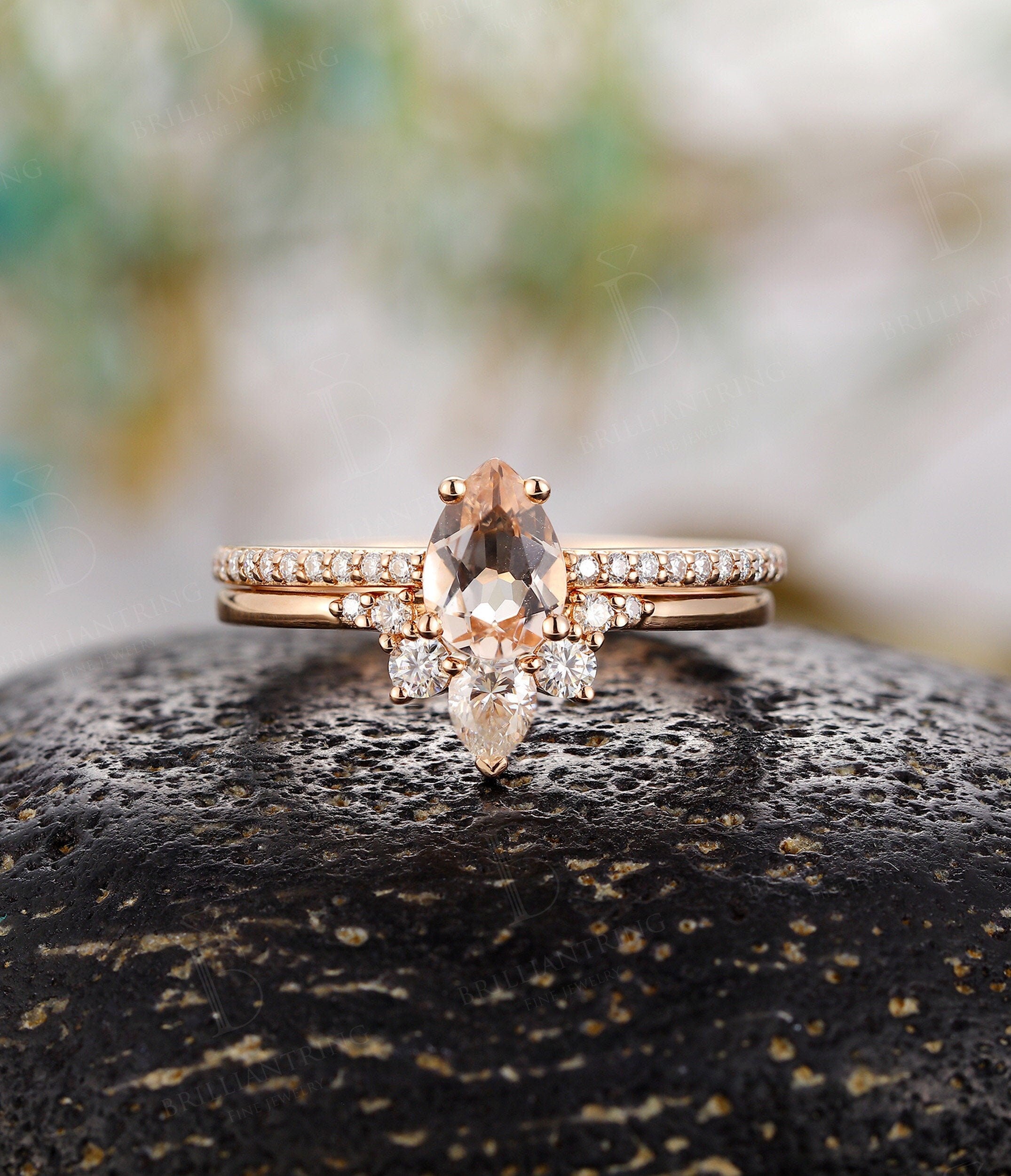 Morganite engagement ring pear shaped vintage diamond full eternity Wedding ring set  antique Jewelry Anniversary wedding ring