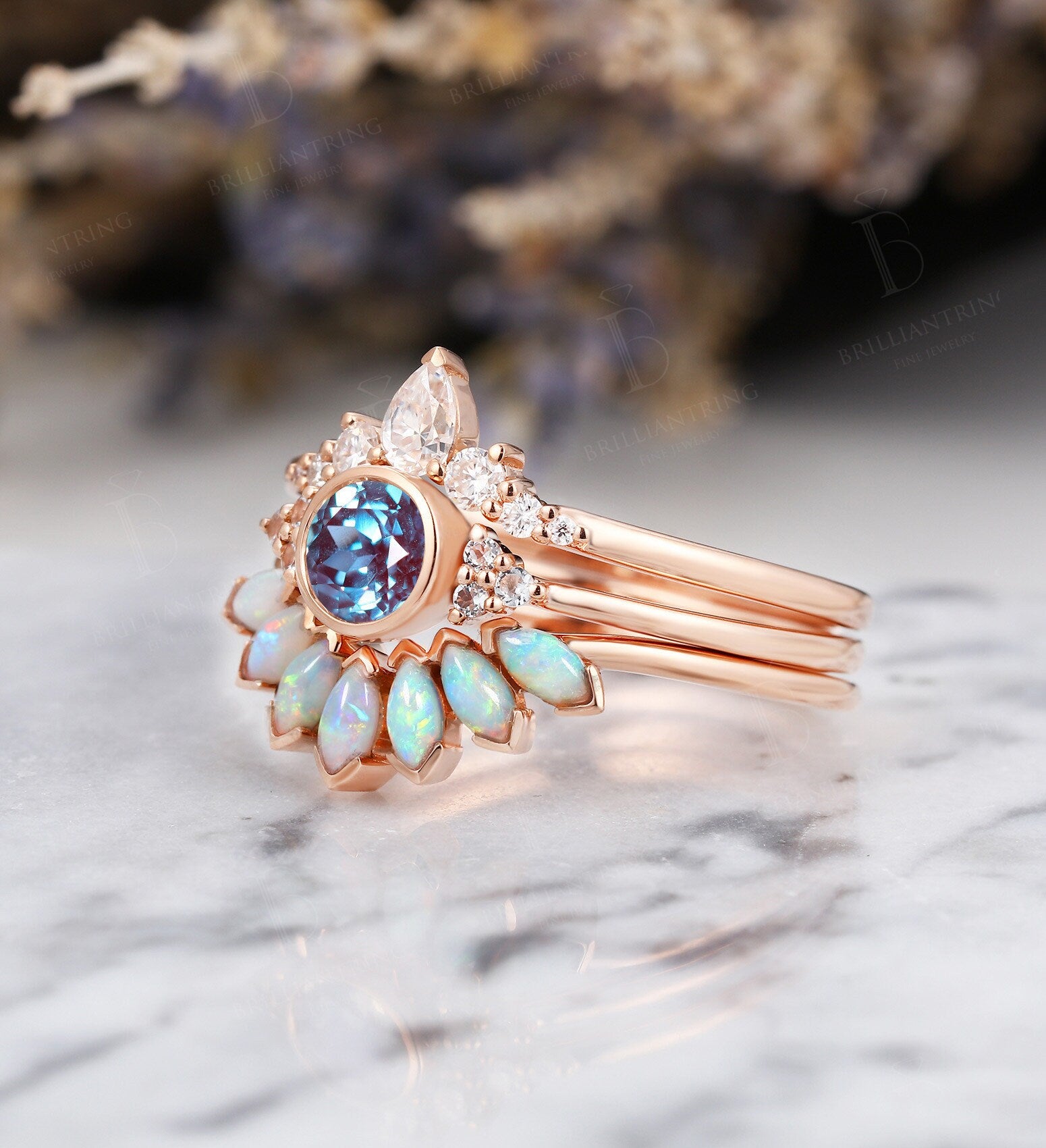 Art deco Alexandrite engagement ring Vintage Opal Topaz Jewelry rose gold Unique moissanite wedding band Bridal set Anniversary wedding ring