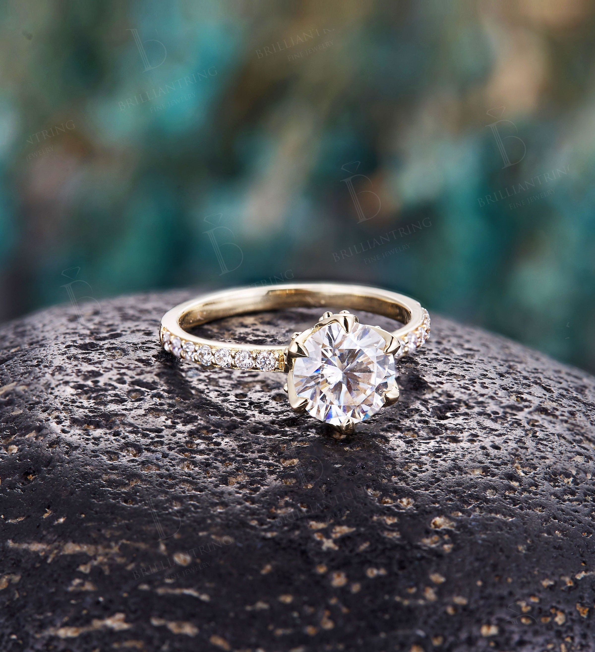 Moissanite engagement ring vintage yellow gold  Half eternity  antique unique prong set Promise ring anniversary ring rings for