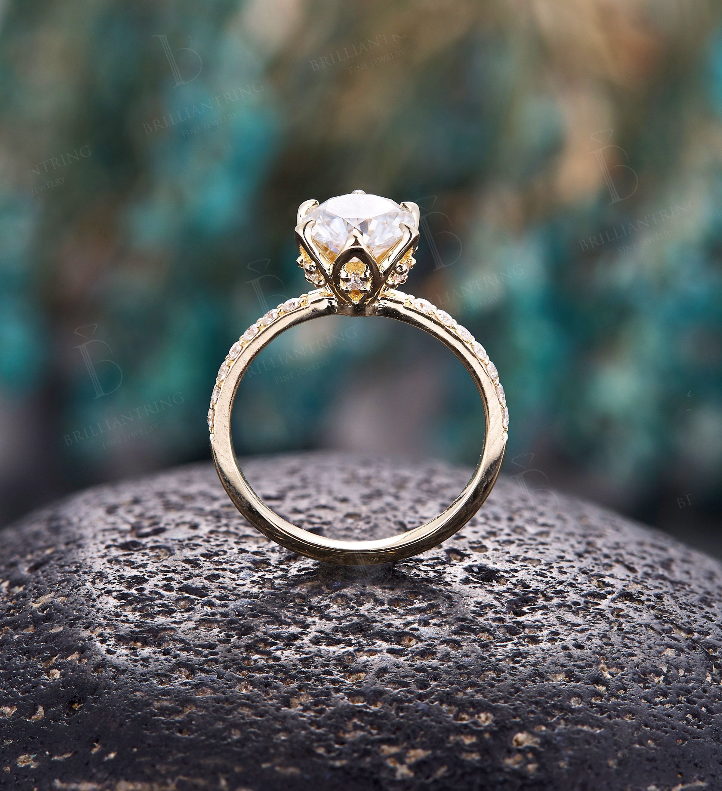 Moissanite engagement ring vintage yellow gold  Half eternity  antique unique prong set Promise ring anniversary ring rings for