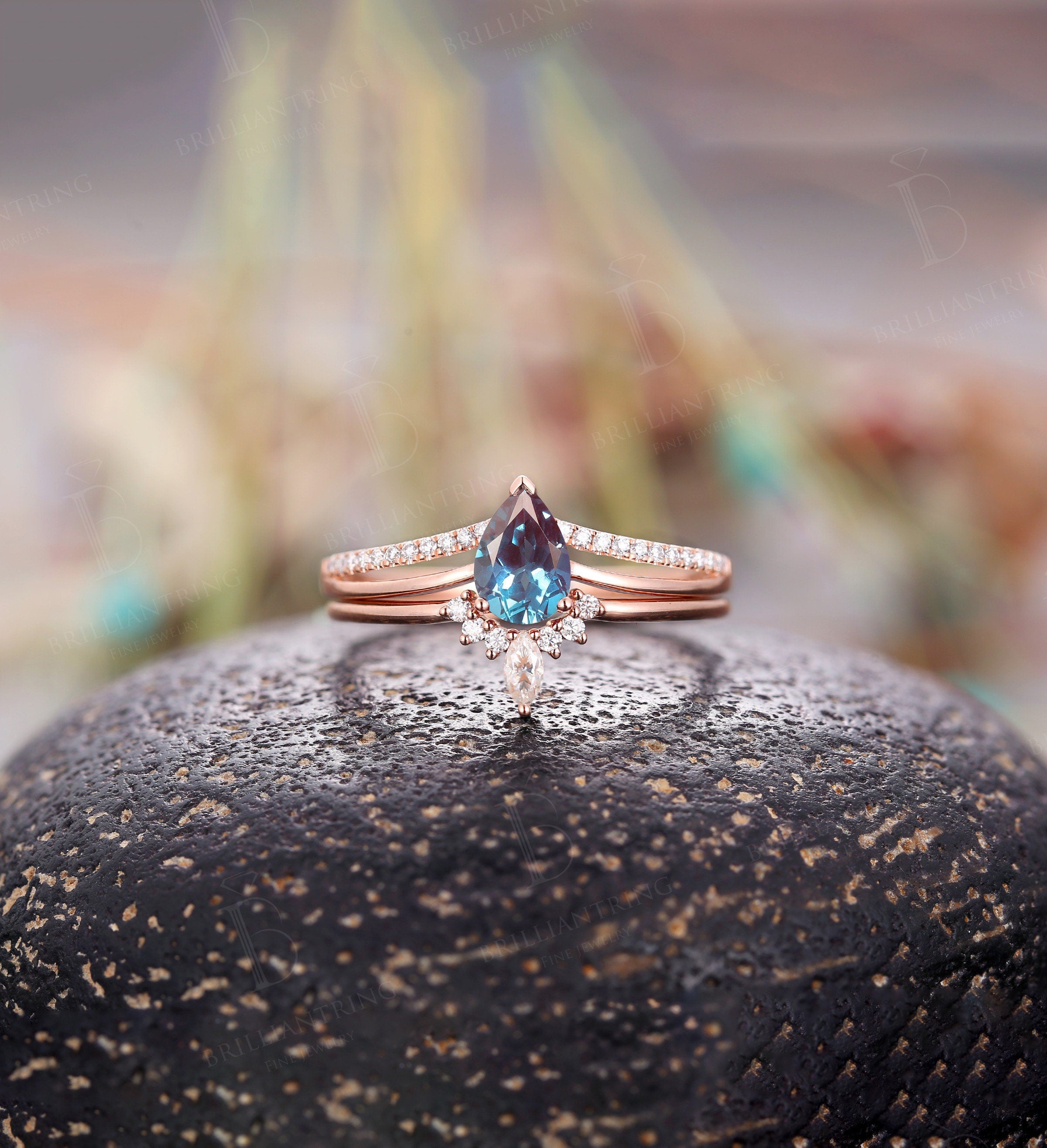 Alexandrite engagement ring pear shaped vintage moissanite Half eternity Wedding ring set  antique promise Anniversary wedding ring