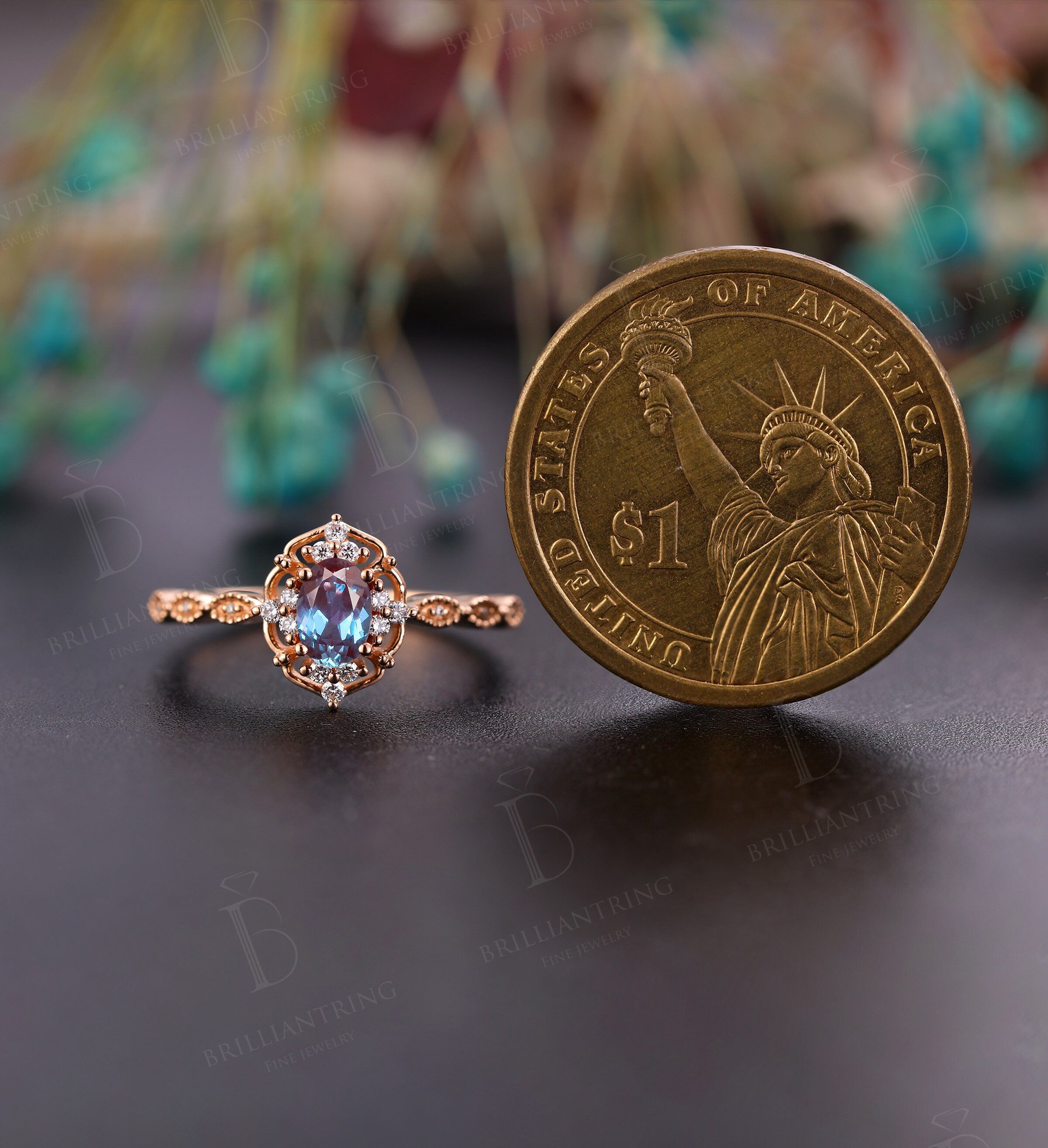 Alexandrite engagement ring vintage rose gold oval cut Antique unique moissanite milgrain Wedding  Promise Anniversary wedding ring