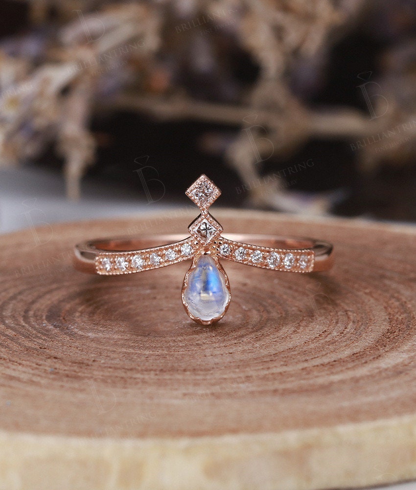 Moonstone Engagement Ring  rose Gold  diamond vintage pear cut  Art Deco wedding ring   Promise Anniversary wedding ring