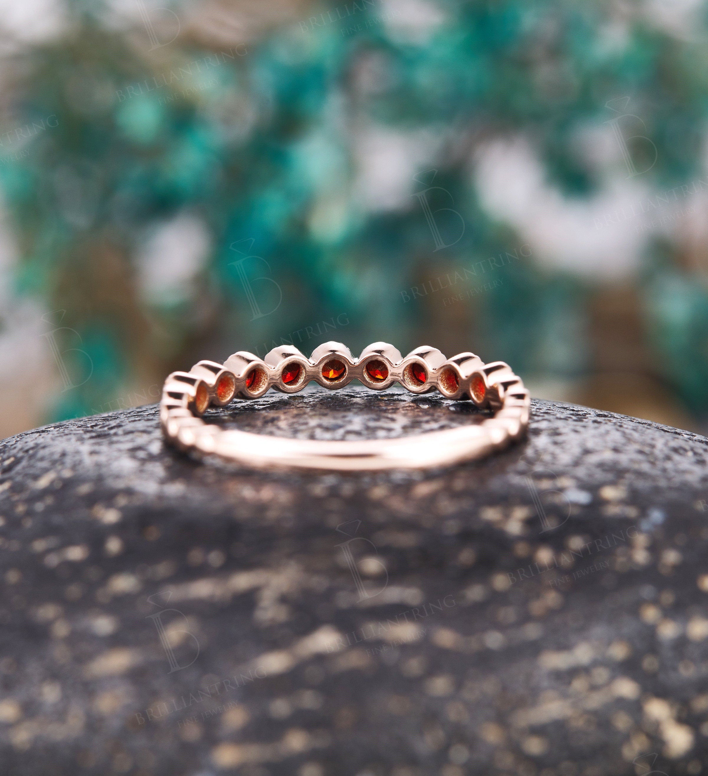 Garnet wedding band  Unique 14k rose gold half eternity Antique Stacking ring Vintage Bridal Jewelry Anniversary Promise Gift for her