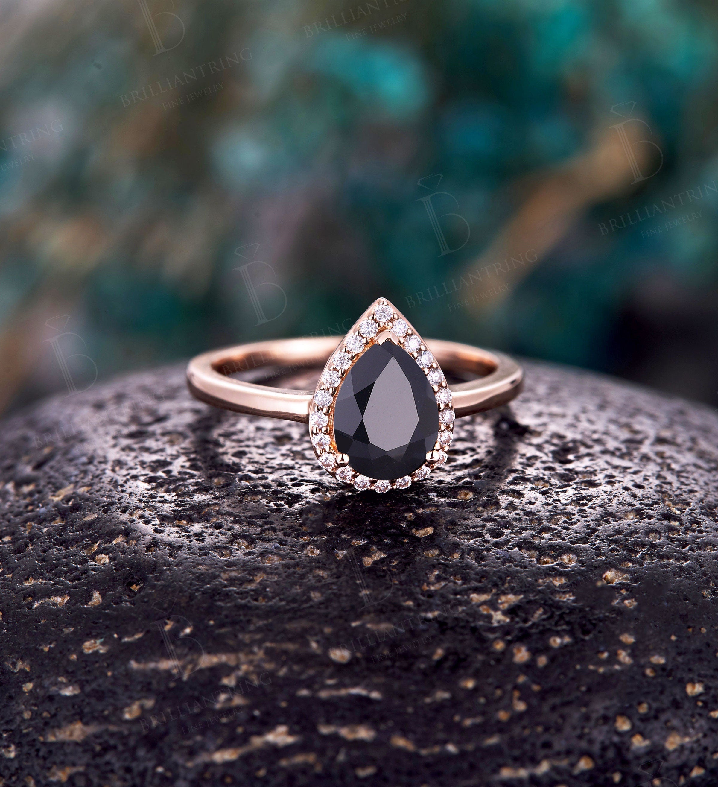 Black Onyx engagement ring  Rose gold pear cut vintage moissanite unique  Bridal Jewelry birthstone Anniversary wedding ring