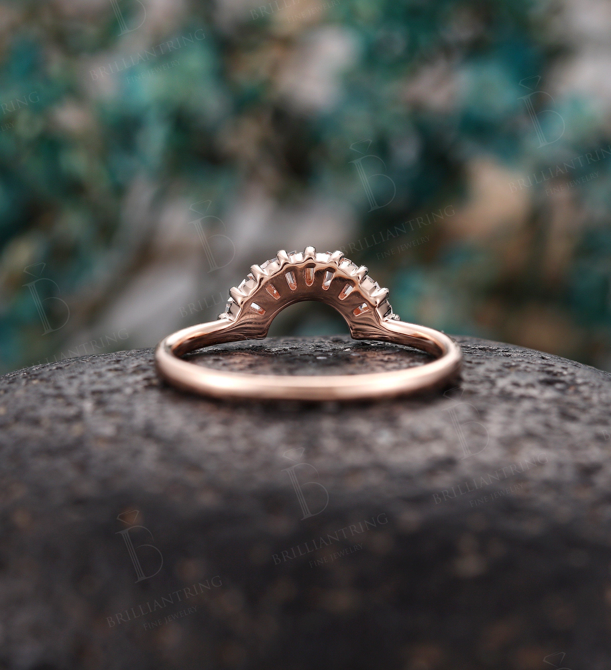 Baguette Diamond Curved wedding band Solid 14K rose gold Vintage unique Jewelry Antique Matching Promise Anniversary Gift for