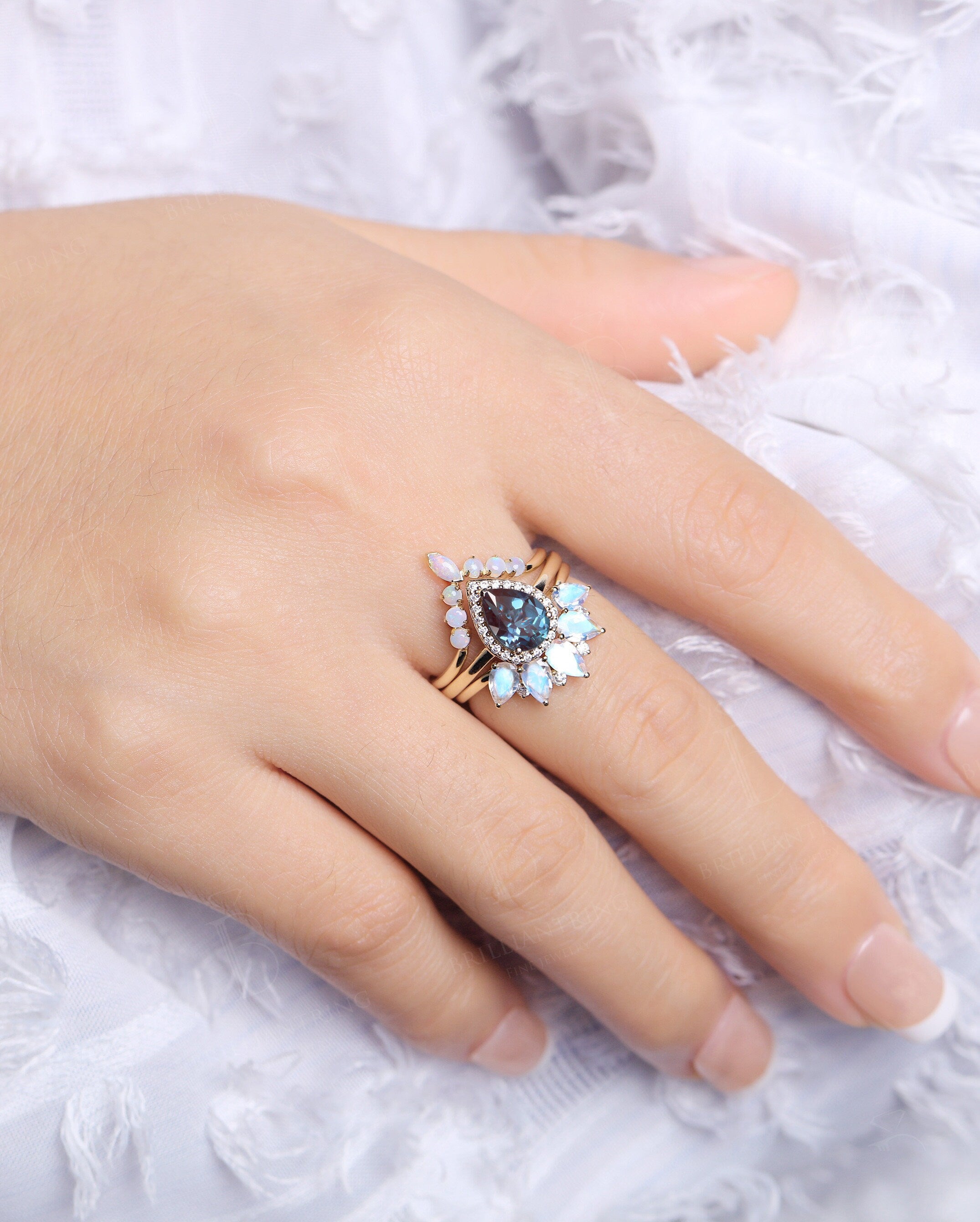 Alexandrite engagement ring set vintage pear shaped moonstone moissanite unique opal Wedding band set art deco Anniversary wedding ring