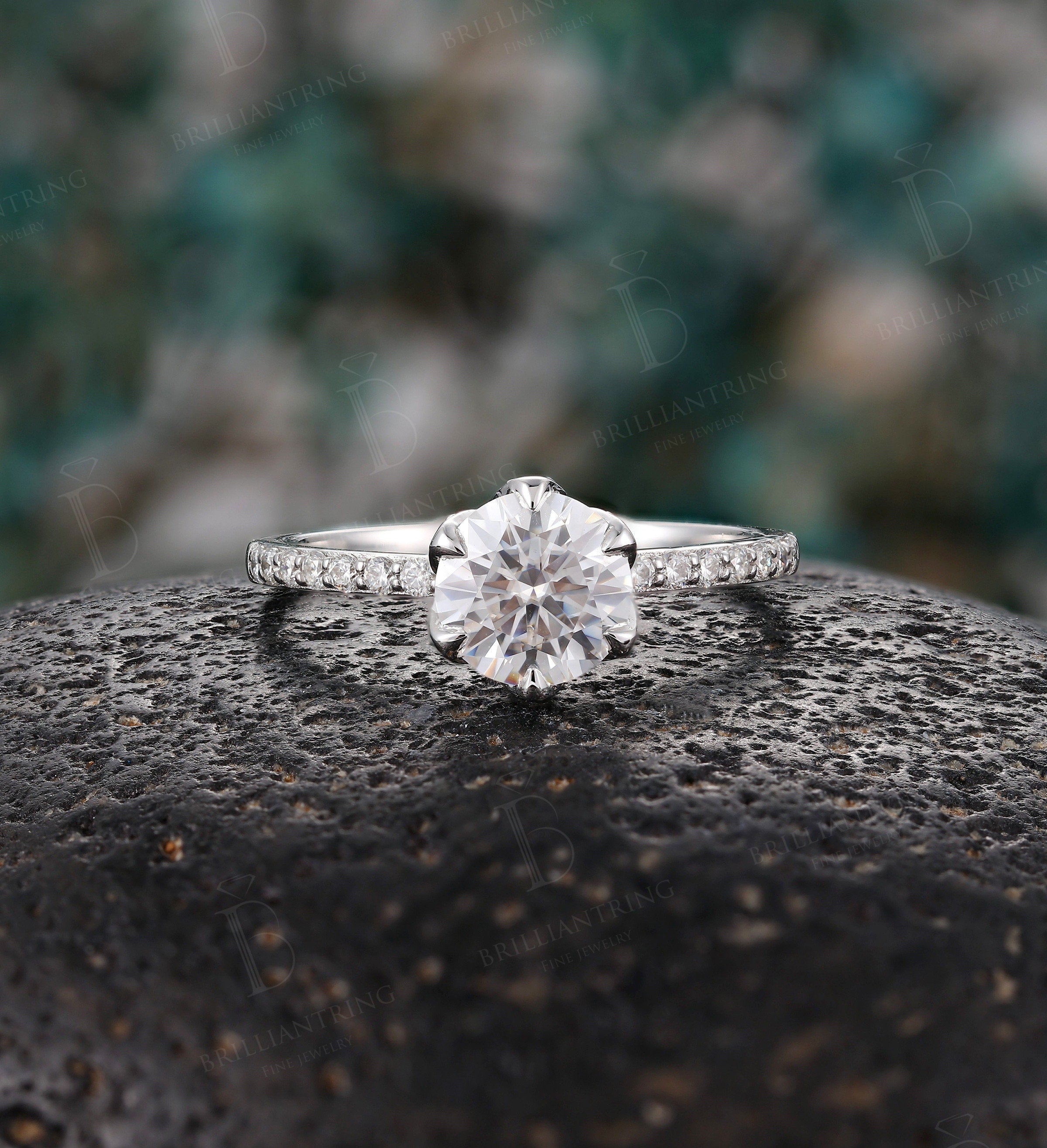 Moissanite engagement ring vintage white gold  Half eternity  antique unique prong set Promise ring anniversary ring rings for