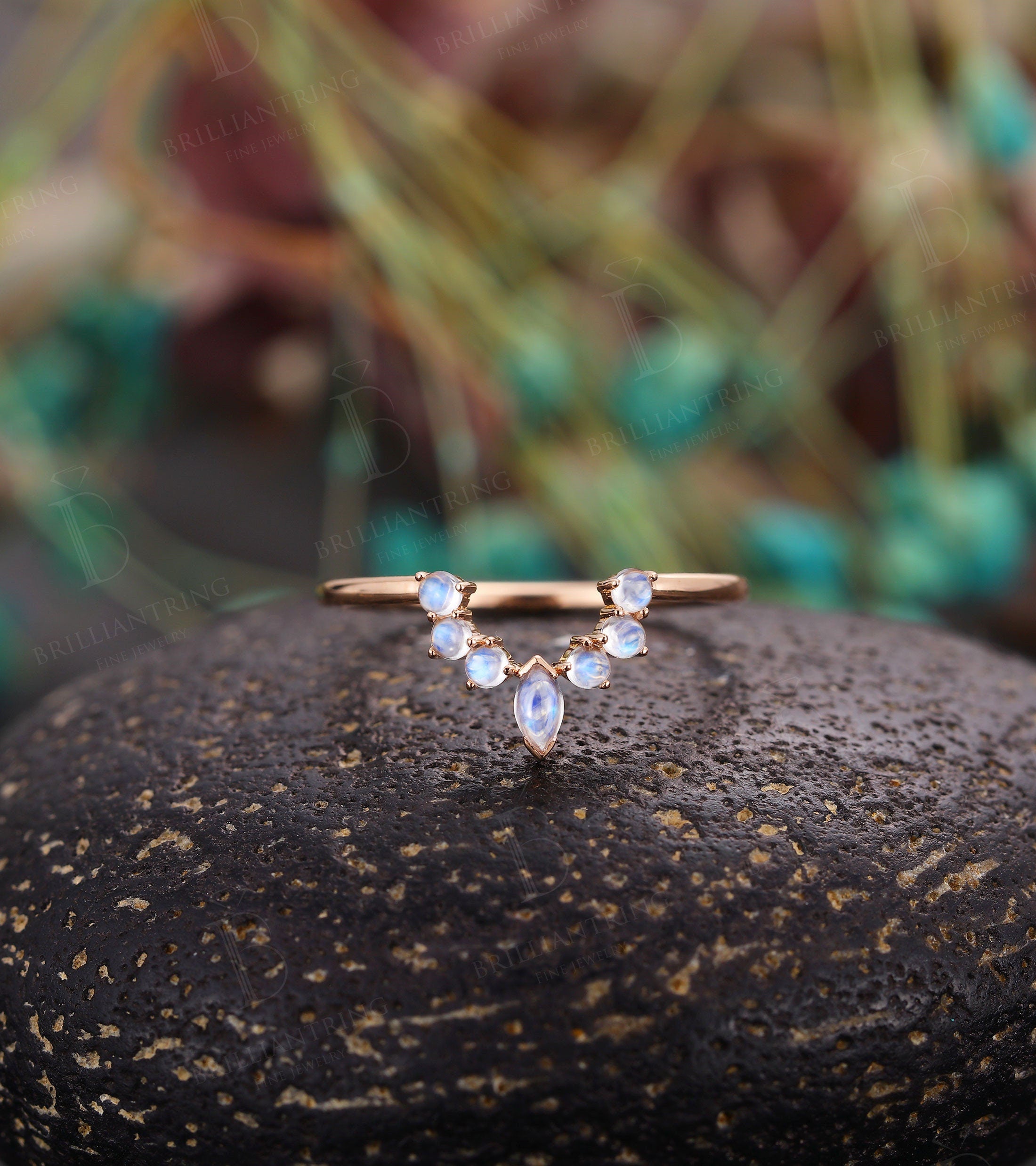 Marquise & Round Cut Moonstone curved wedding band for  rose gold vintage stacking unique anniversary gift antique matching band