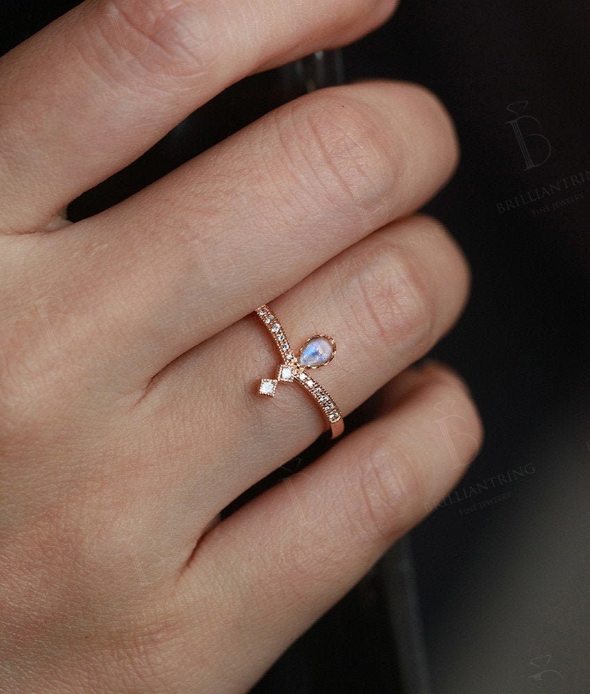 Moonstone Engagement Ring  rose Gold  diamond vintage pear cut  Art Deco wedding ring   Promise Anniversary wedding ring