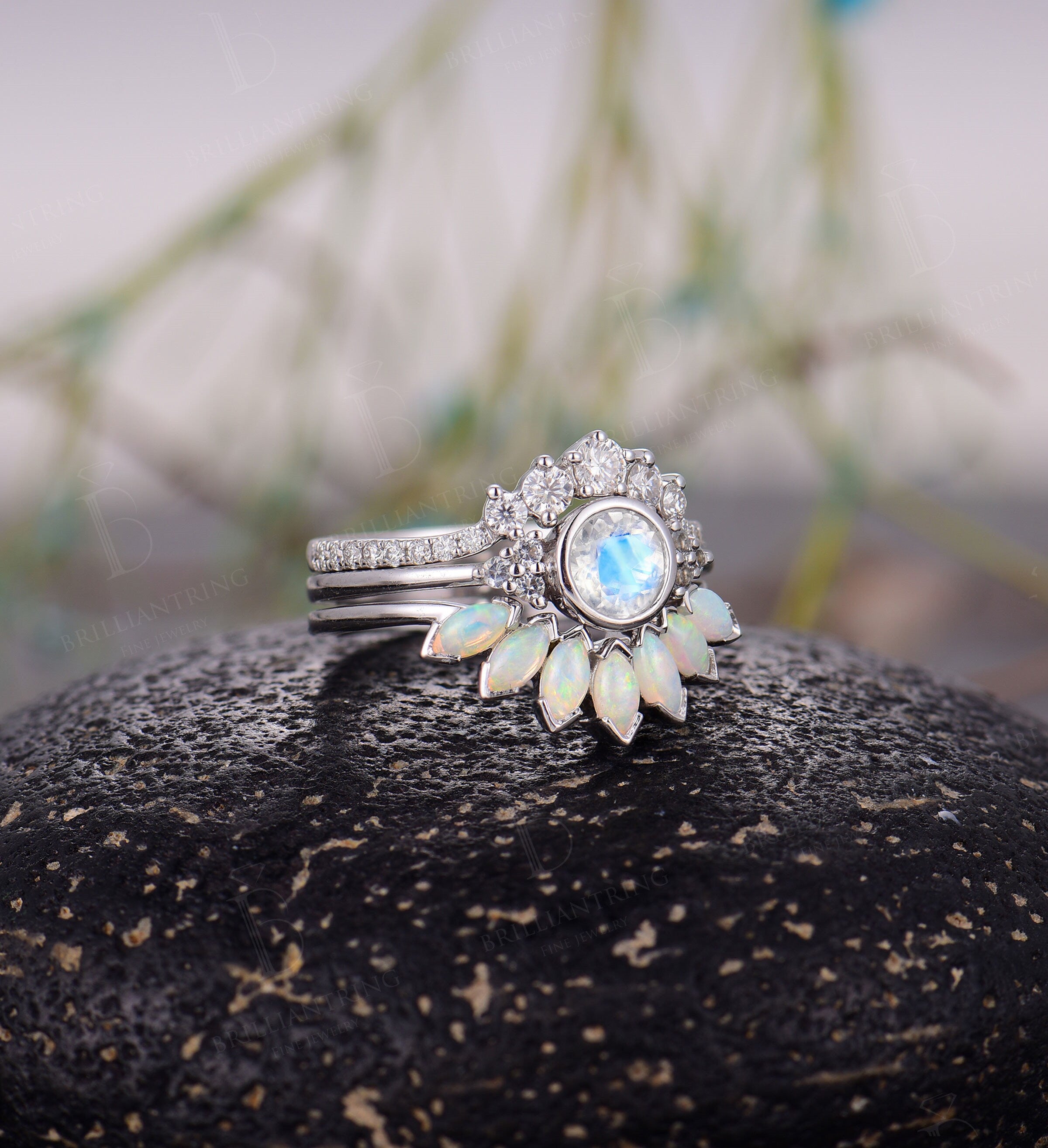 Art deco moonstone engagement ring Vintage Opal band moissanite curved wedding band white gold Unique moissanite wedding band Bridal set