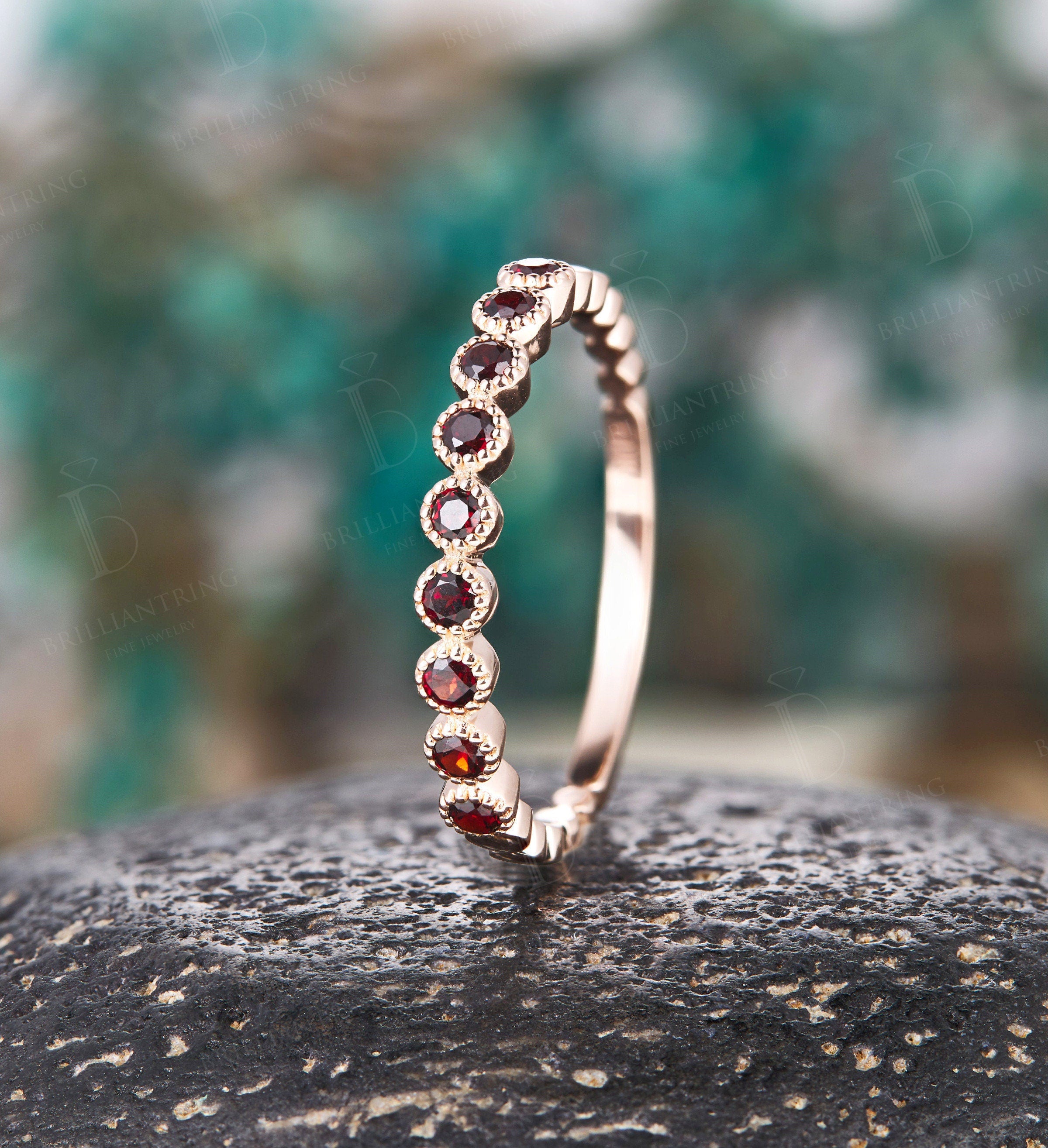 Garnet wedding band  Unique 14k rose gold half eternity Antique Stacking ring Vintage Bridal Jewelry Anniversary Promise Gift for her