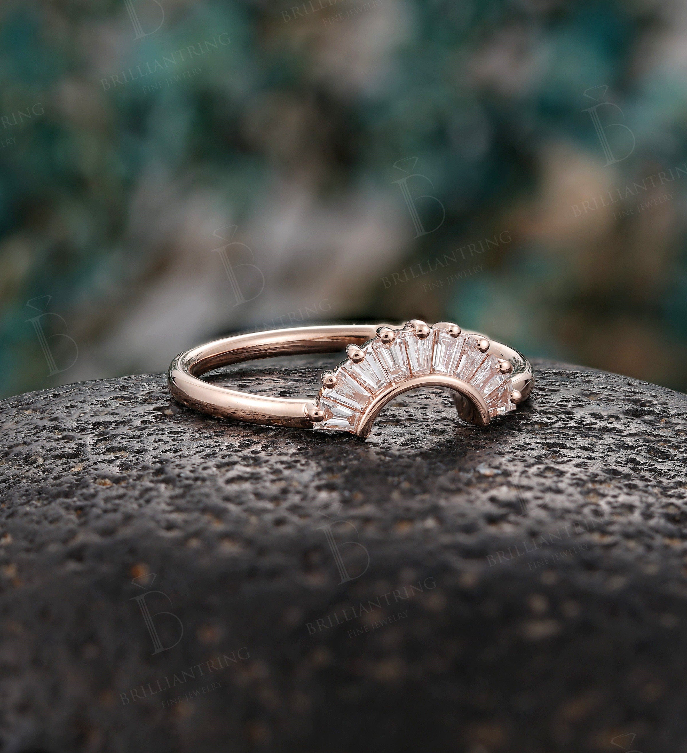 Baguette Diamond Curved wedding band Solid 14K rose gold Vintage unique Jewelry Antique Matching Promise Anniversary Gift for