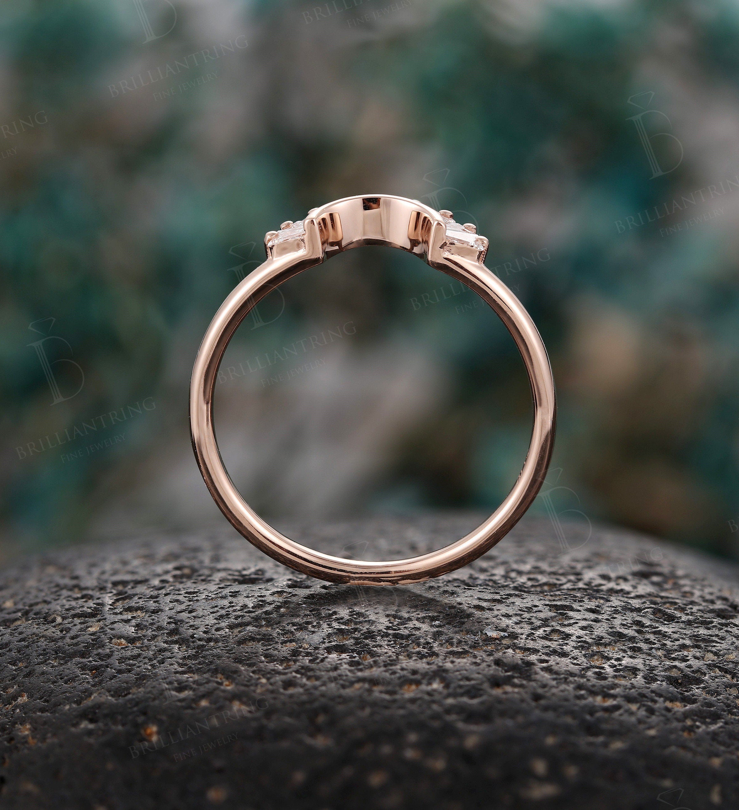 Baguette Diamond Curved wedding band Solid 14K rose gold Vintage unique Jewelry Antique Matching Promise Anniversary Gift for