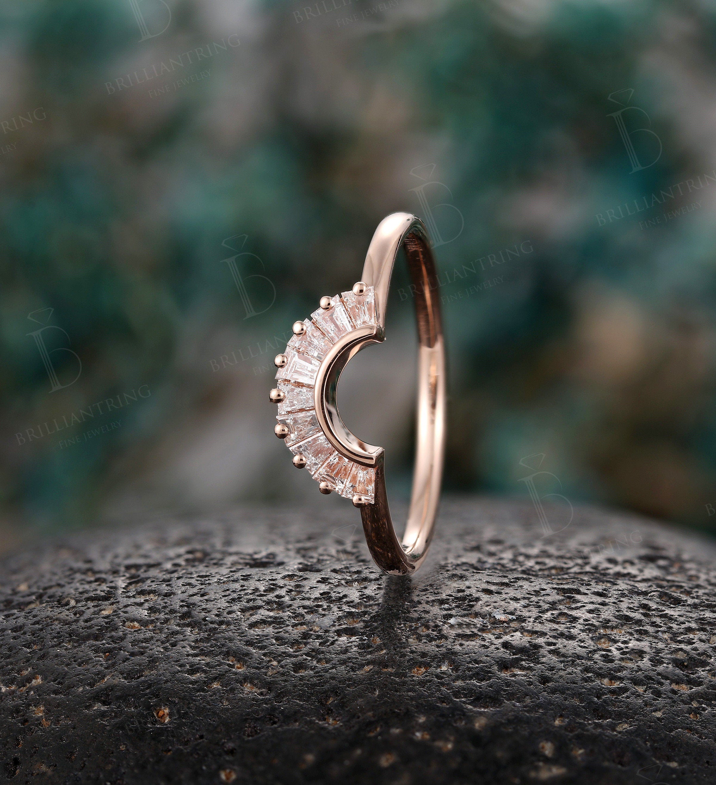 Baguette Diamond Curved wedding band Solid 14K rose gold Vintage unique Jewelry Antique Matching Promise Anniversary Gift for