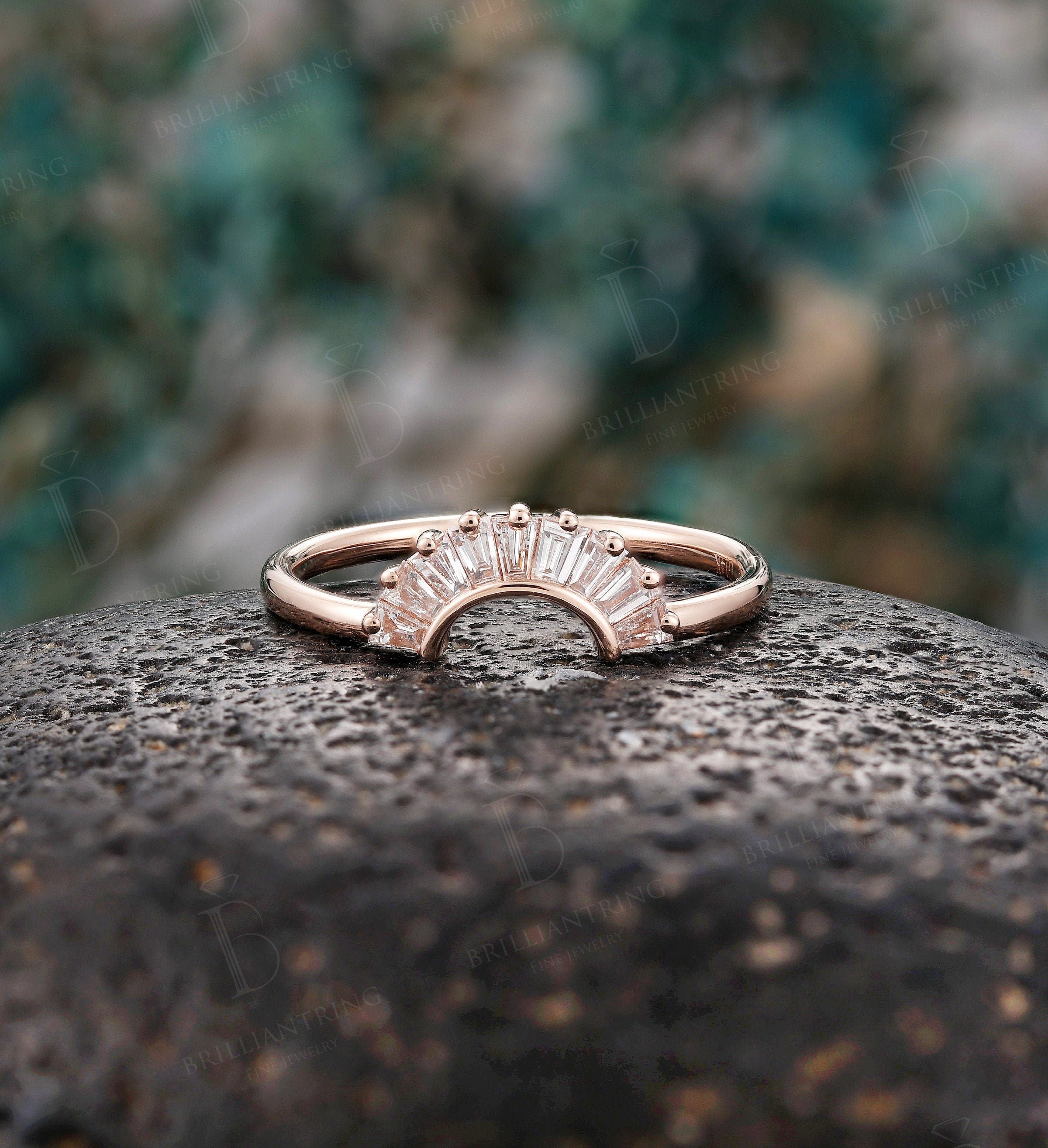 Baguette Diamond Curved wedding band Solid 14K rose gold Vintage unique Jewelry Antique Matching Promise Anniversary Gift for