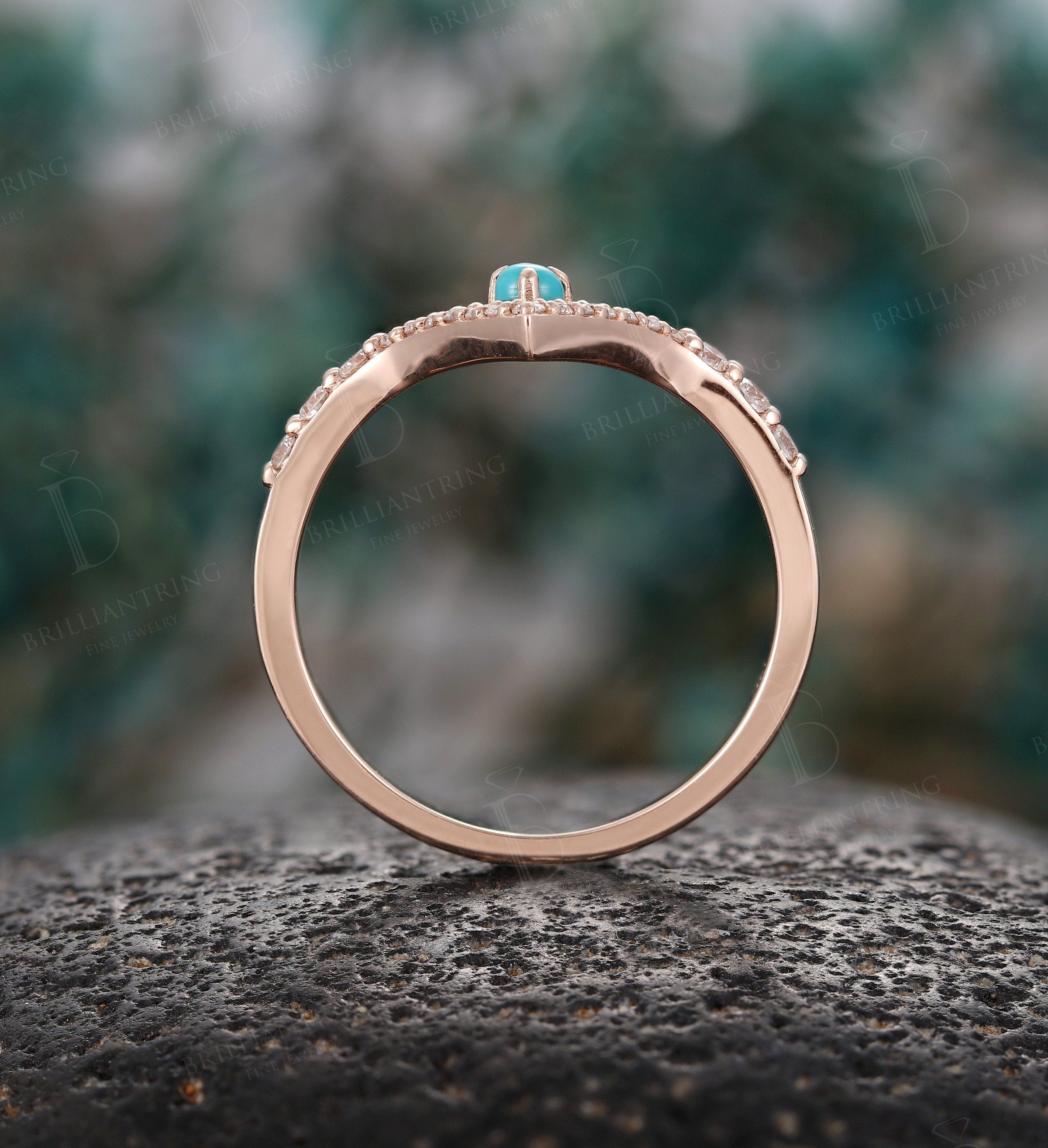 Moissanite Curved wedding band chevron band rose gold diamond band Vintage turquoise band V shape band Antique stacking Promise ring