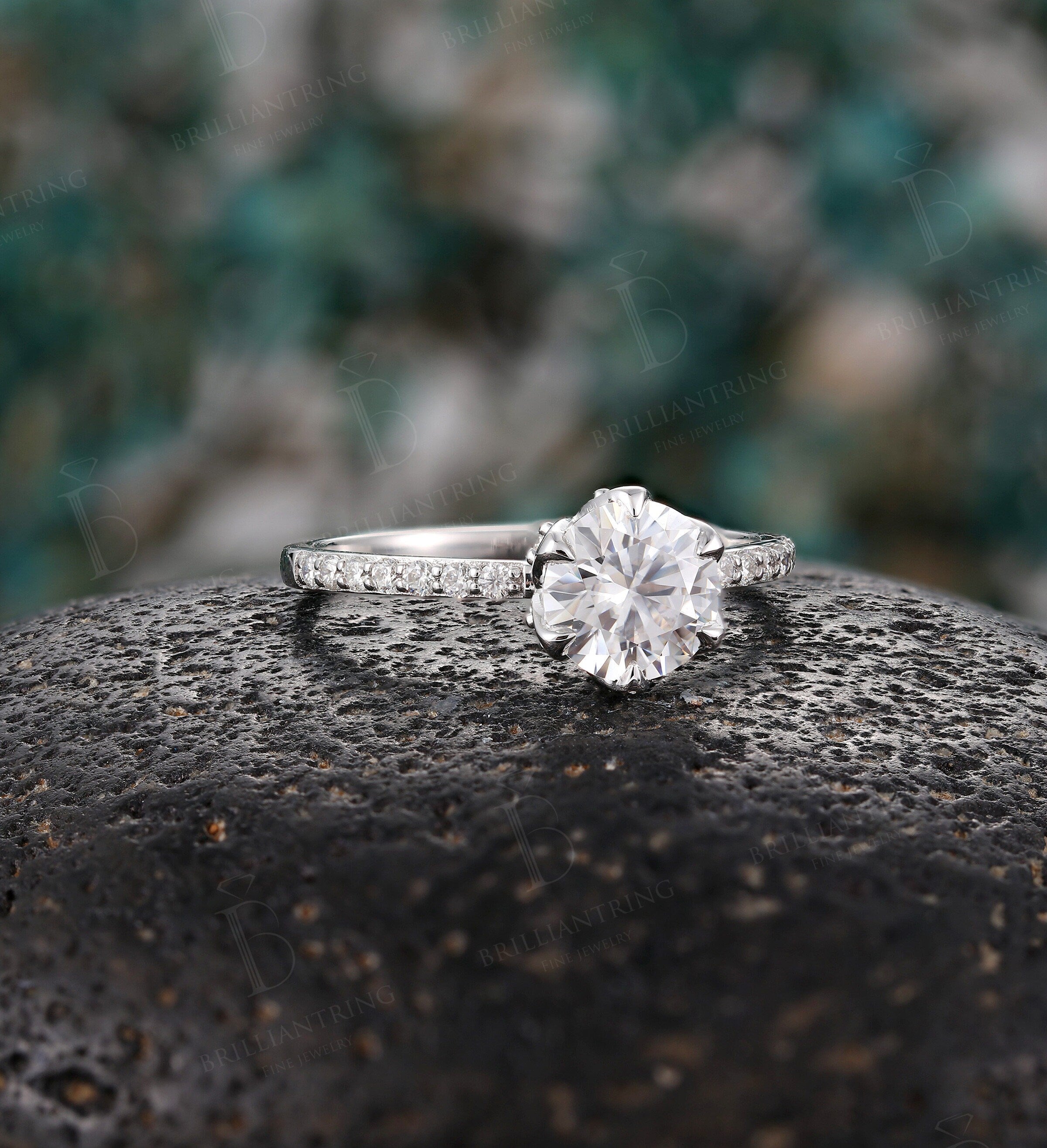 Moissanite engagement ring vintage white gold  Half eternity  antique unique prong set Promise ring anniversary ring rings for