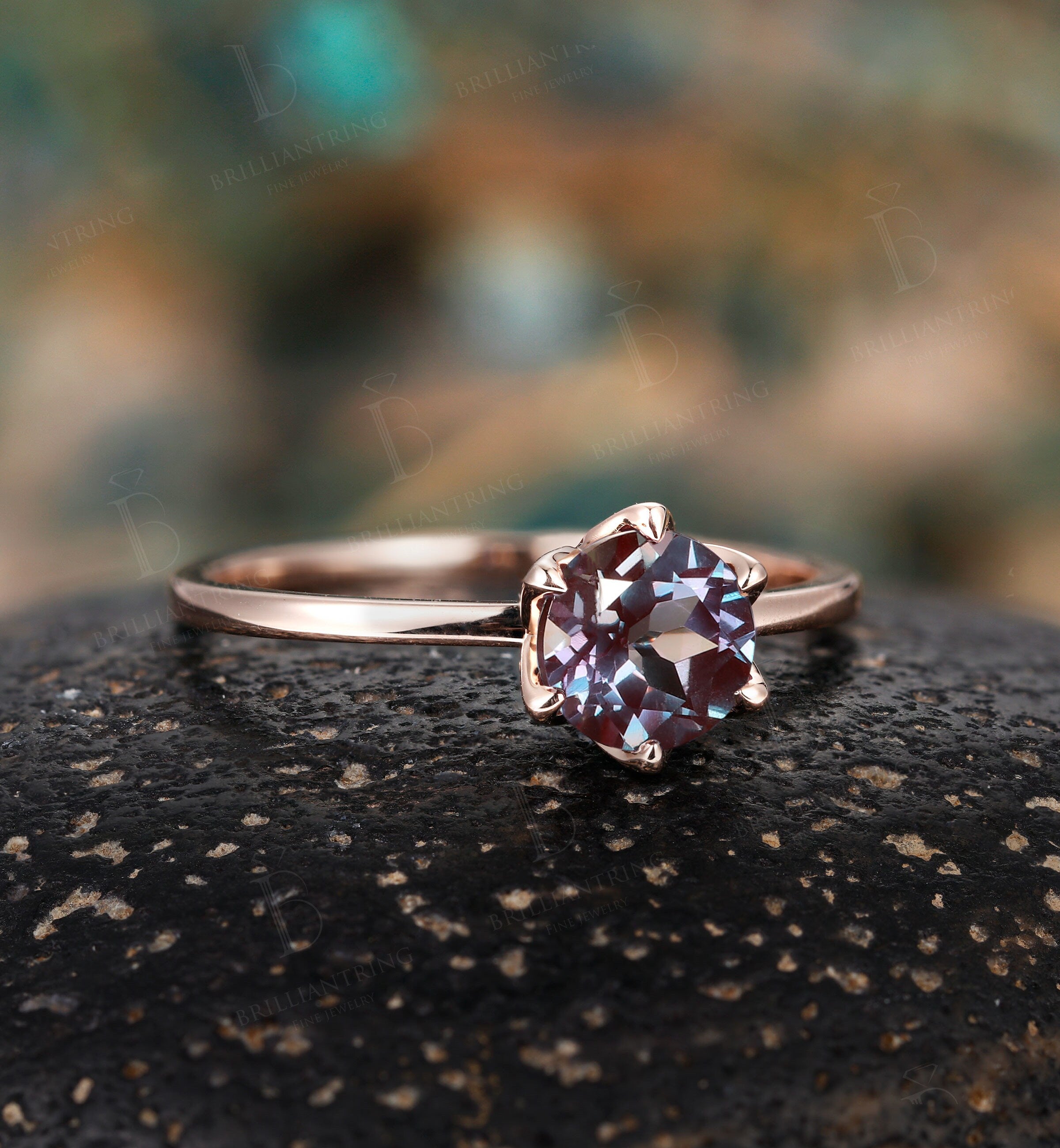 Alexandrite engagement ring vintage prong set unique rose gold moissanite art deco Wedding solitaire  Jewelry anniversary wedding ring