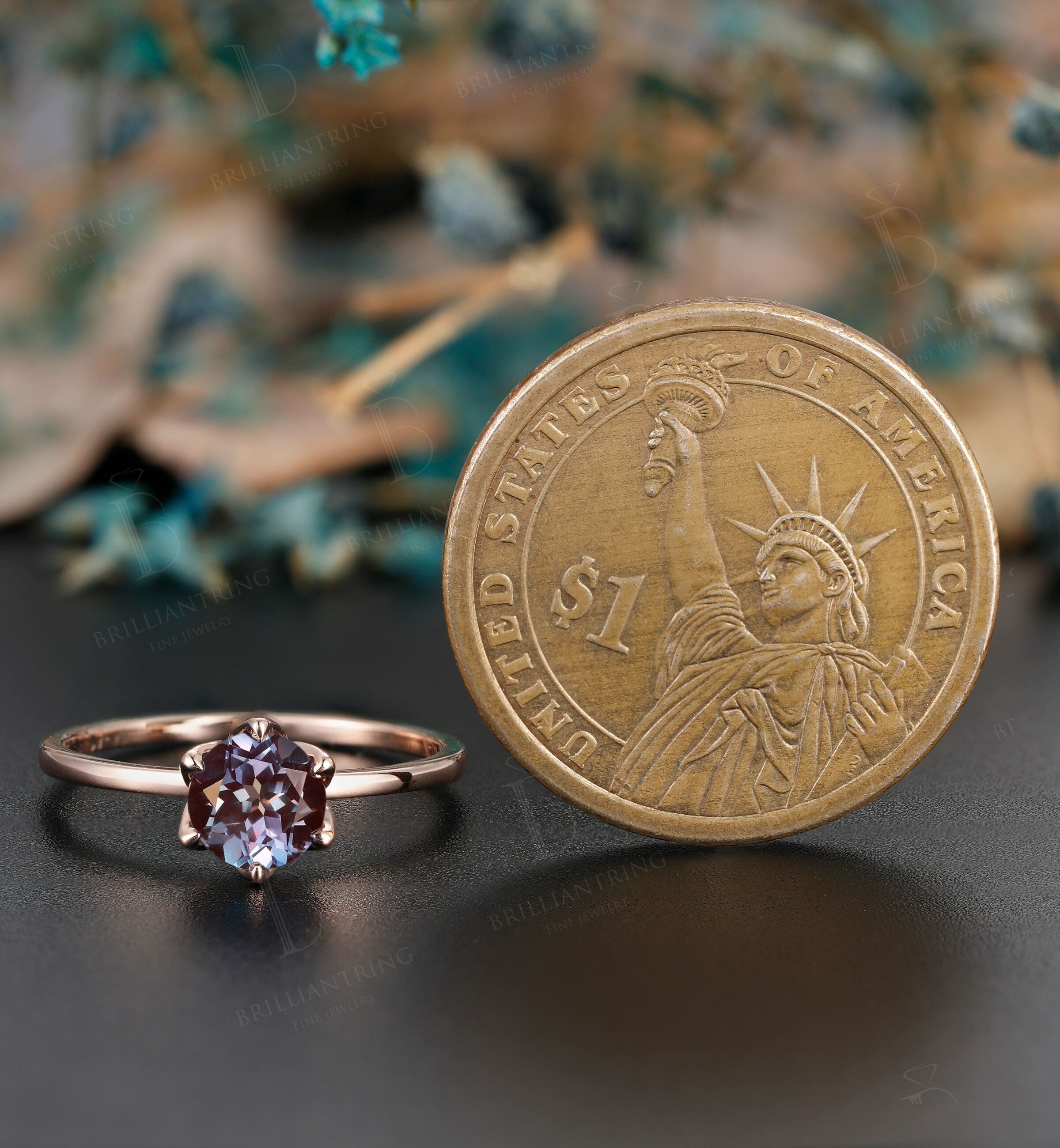 Alexandrite engagement ring vintage prong set unique rose gold moissanite art deco Wedding solitaire  Jewelry anniversary wedding ring