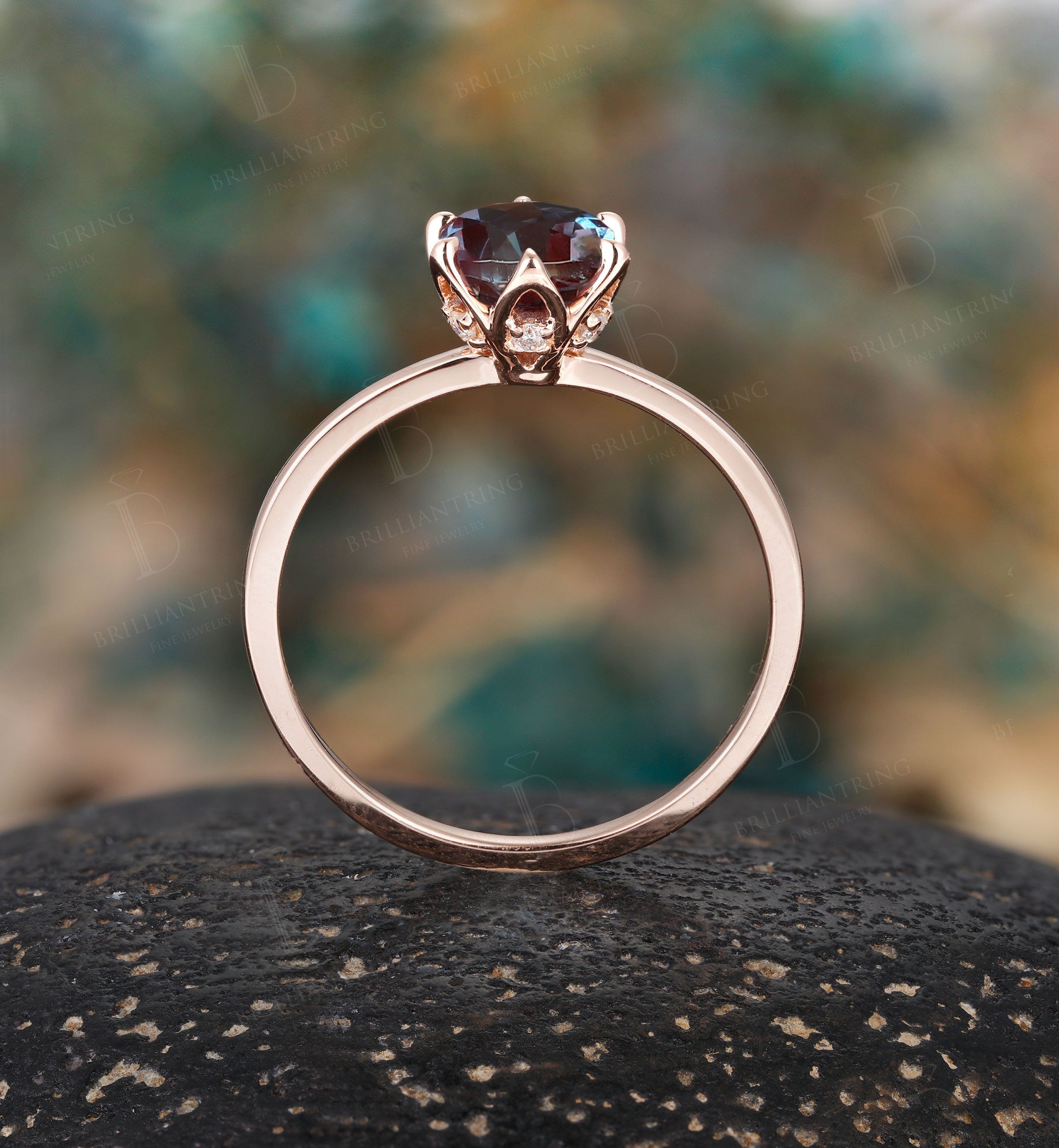 Alexandrite engagement ring vintage prong set unique rose gold moissanite art deco Wedding solitaire  Jewelry anniversary wedding ring