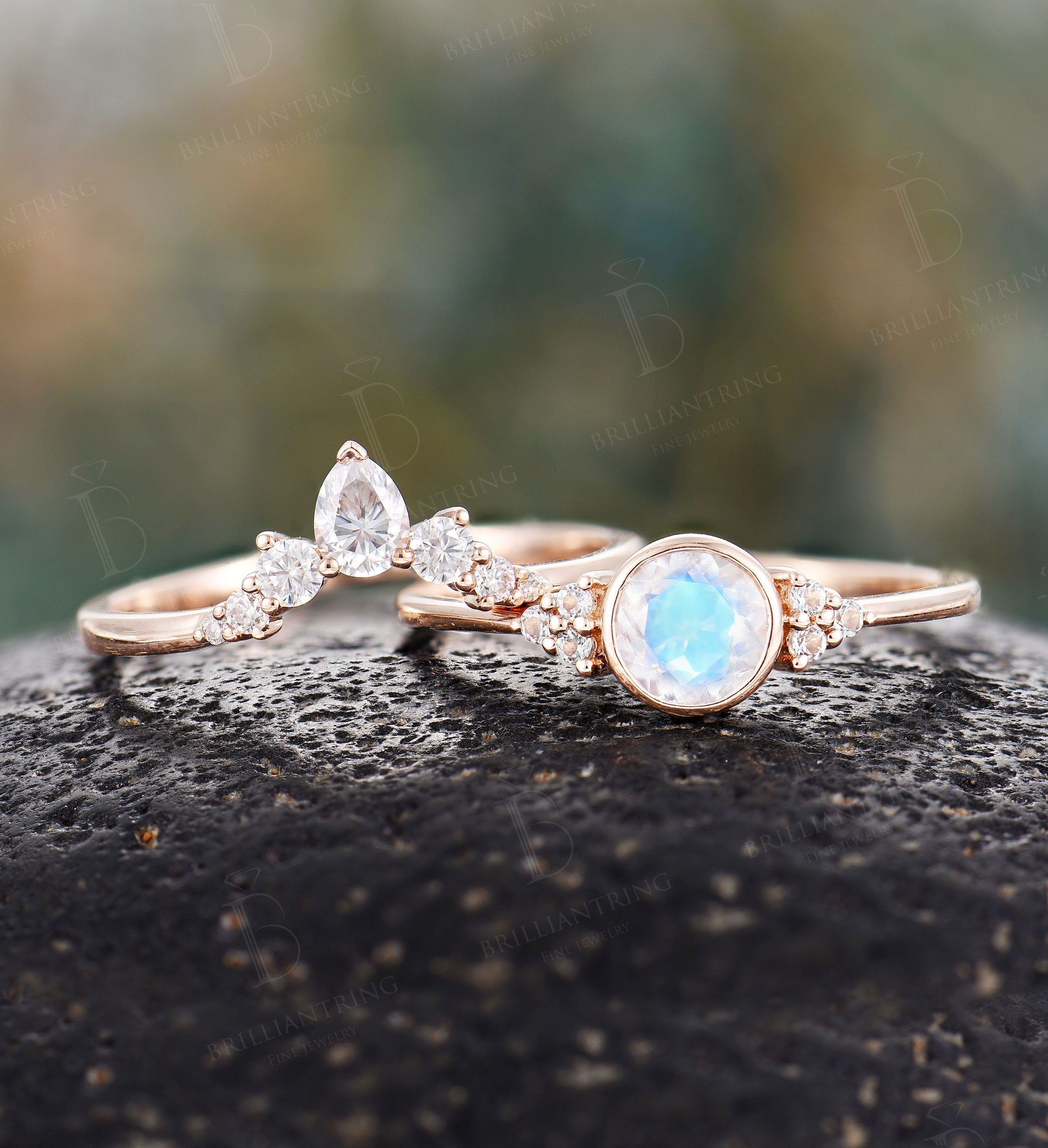 Art deco moonstone engagement ring set Vintage Topaz Jewelry rose gold Unique moissanite wedding band Bridal set Anniversary wedding ring