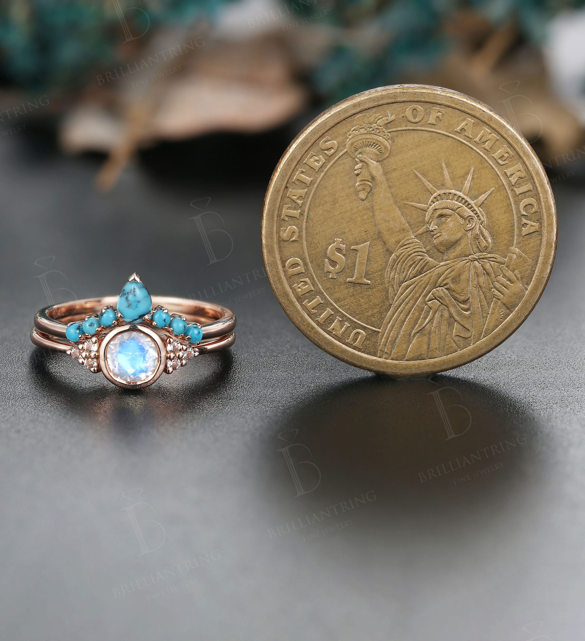 Art deco moonstone engagement ring set Vintage Jewelry rose gold Unique turquoise wedding band Bridal set Anniversary wedding ring set