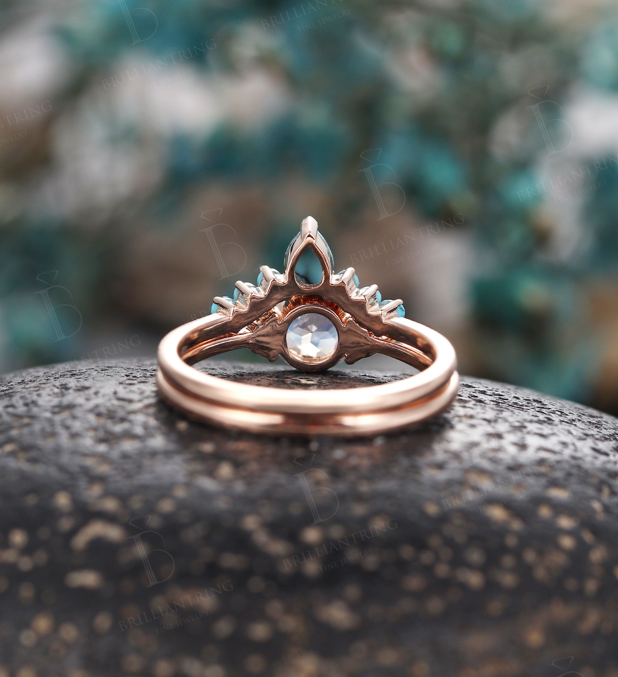 Art deco moonstone engagement ring set Vintage Jewelry rose gold Unique turquoise wedding band Bridal set Anniversary wedding ring set