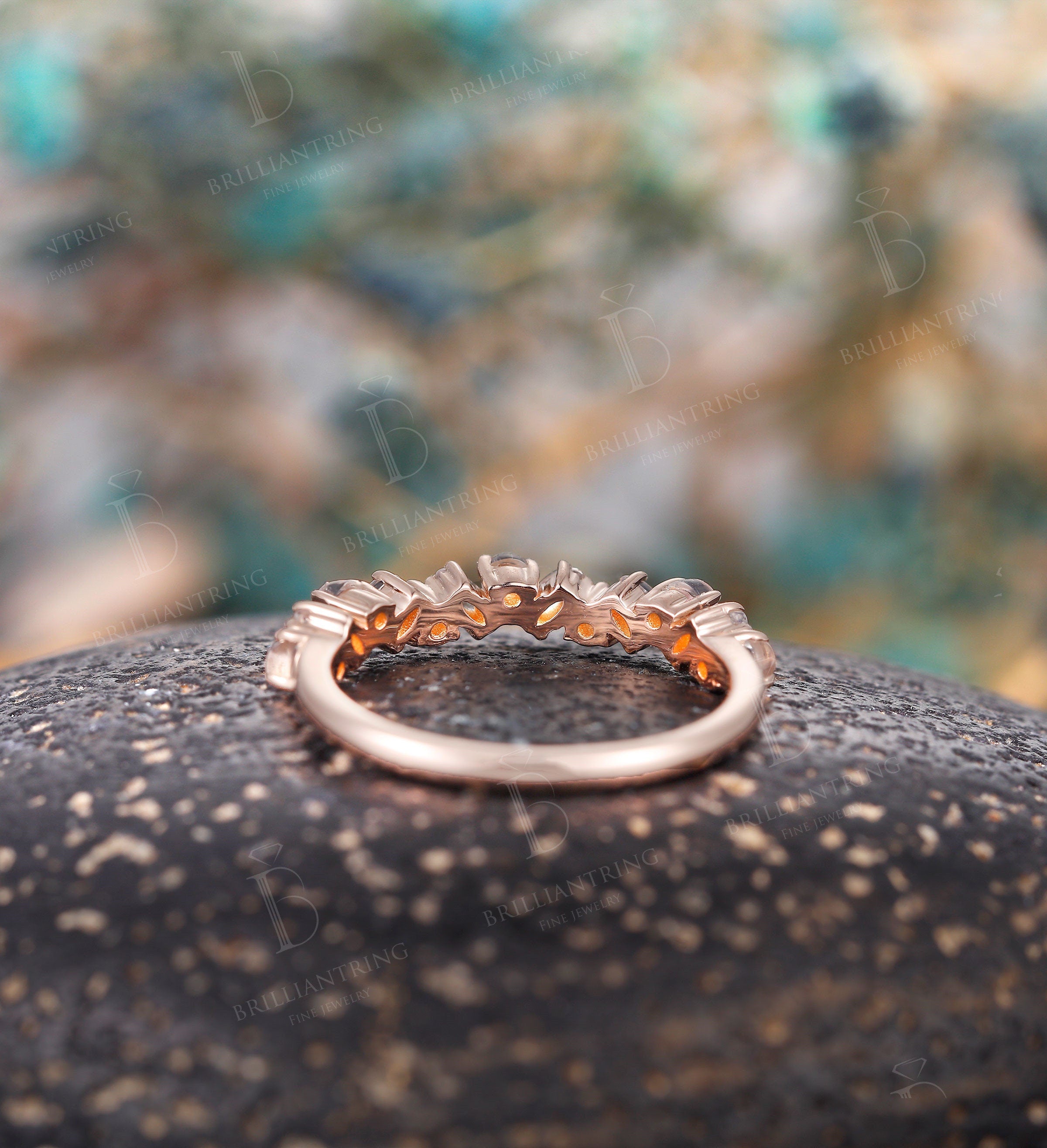 Marquise cut & round Moonstone wedding band vintage rose gold  Half eternity antique unique Promise Matching band anniversary gift