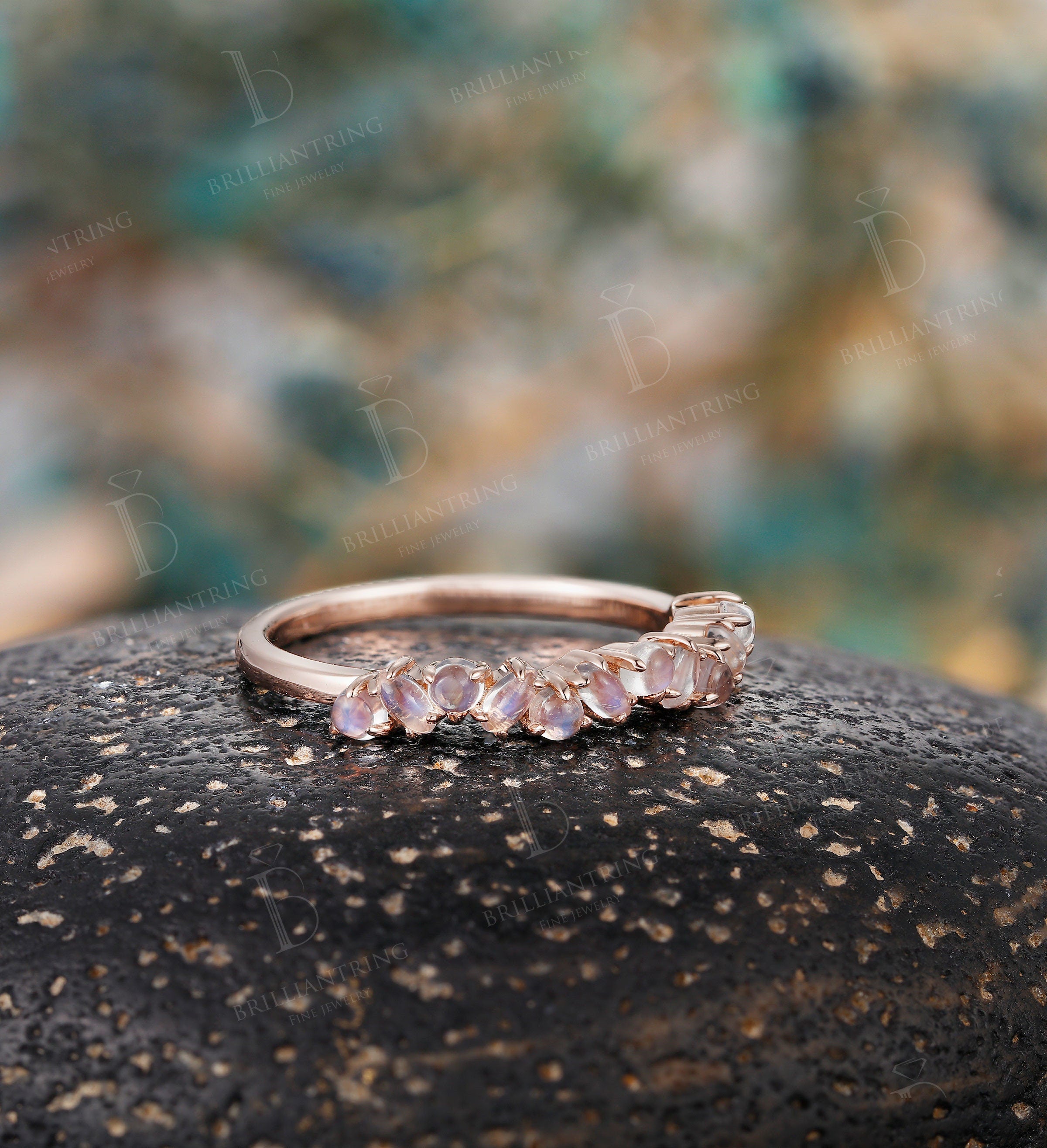 Marquise cut & round Moonstone wedding band vintage rose gold  Half eternity antique unique Promise Matching band anniversary gift