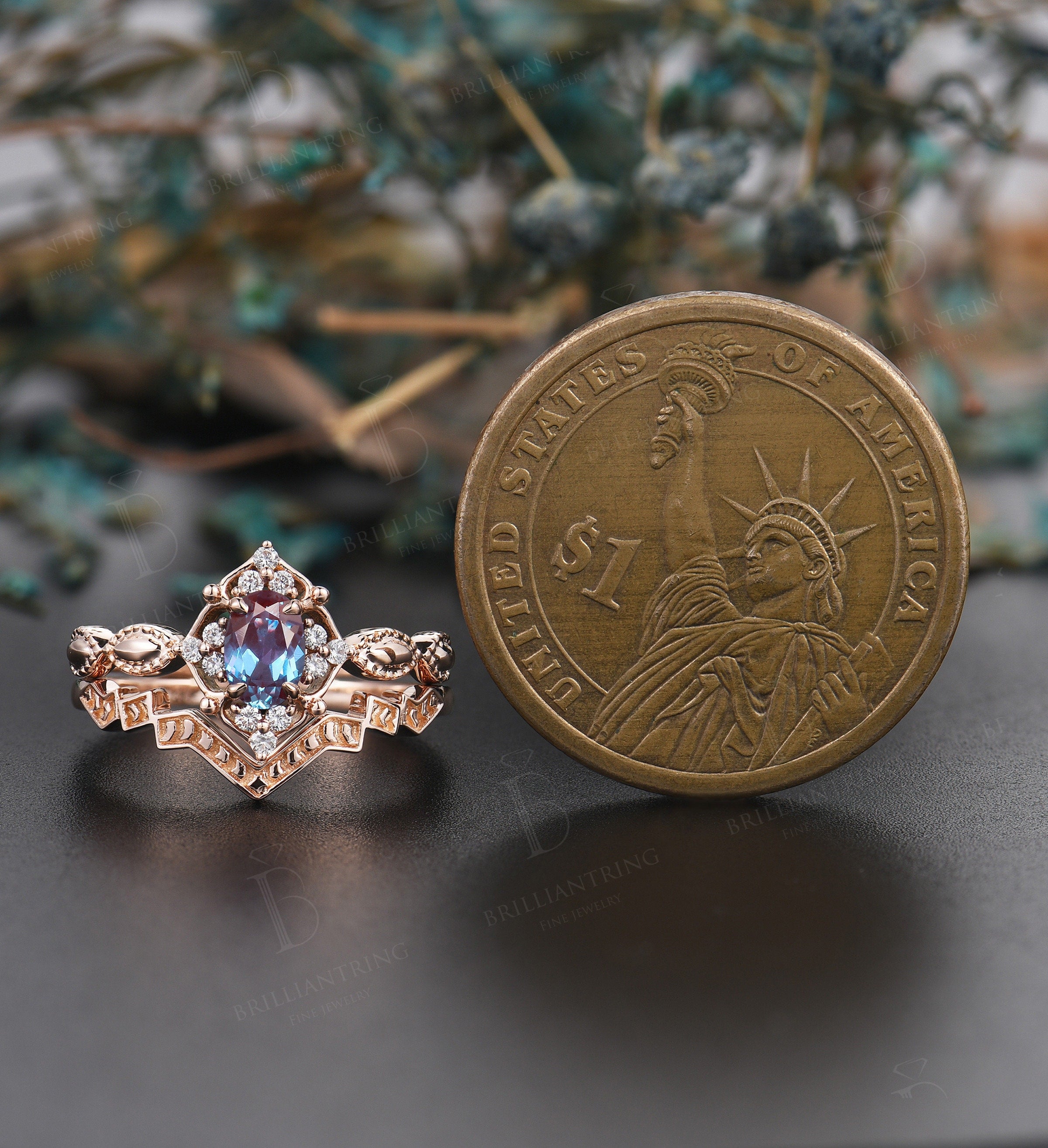 Alexandrite engagement ring set vintage rose gold oval cut Antique Delicate diamond milgrain ring Anniversary wedding ring