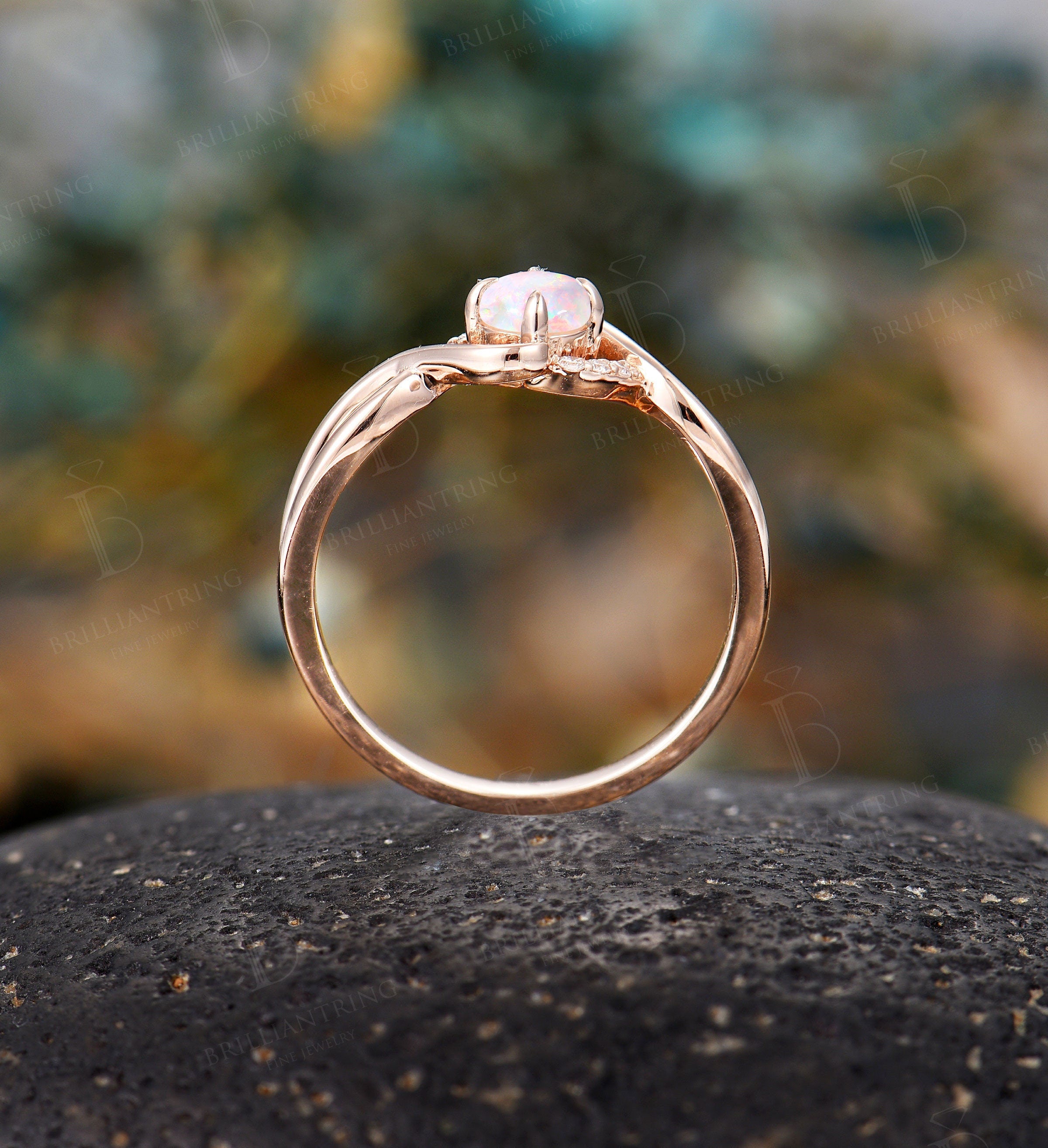 Australian Opal engagement ring Vintage diamond ring twist ring rose gold Unique wedding ring Art deco ring antique ring Anniversary ring