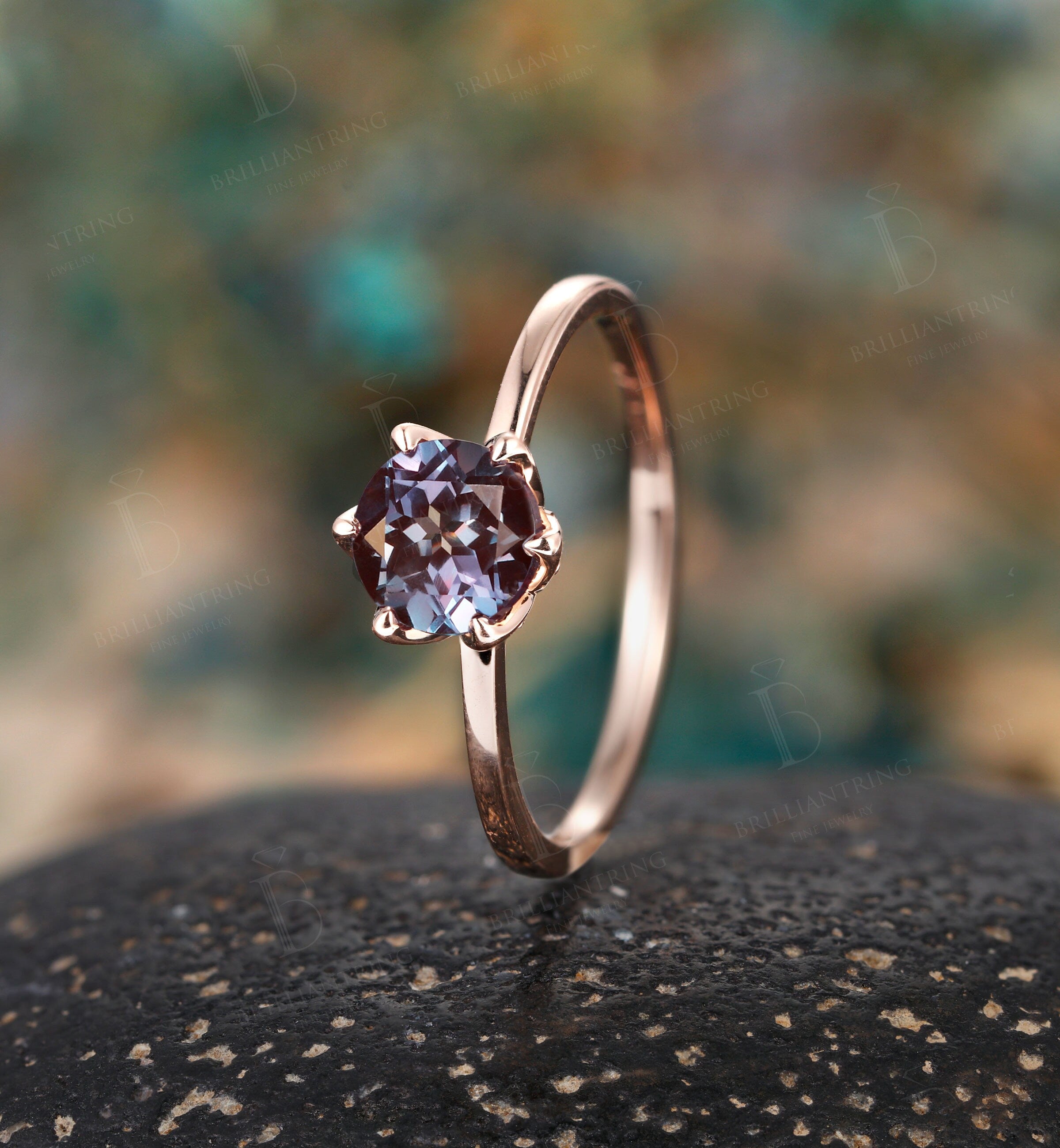 Alexandrite engagement ring vintage prong set unique rose gold moissanite art deco Wedding solitaire  Jewelry anniversary wedding ring