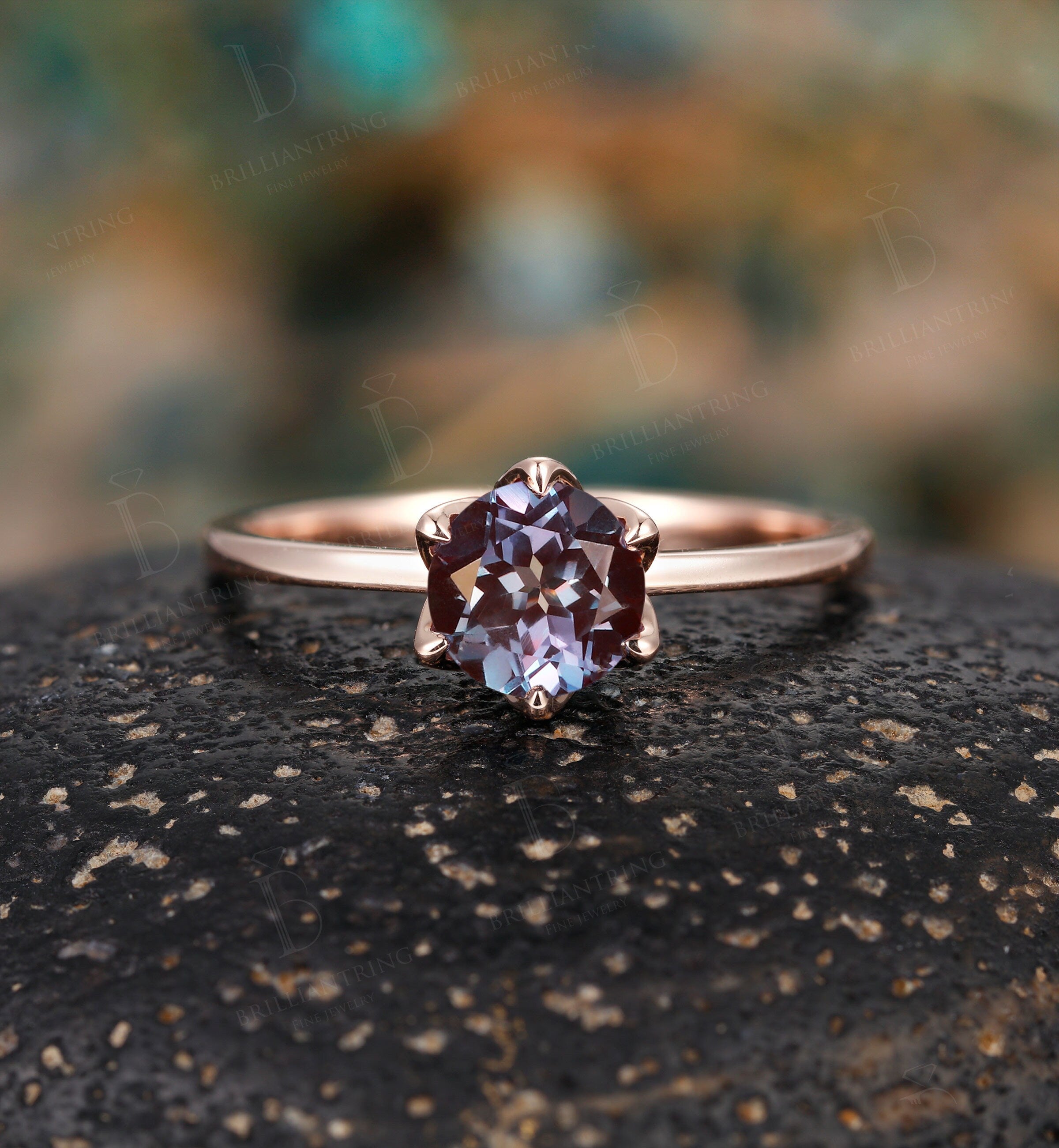 Alexandrite engagement ring vintage prong set unique rose gold moissanite art deco Wedding solitaire  Jewelry anniversary wedding ring