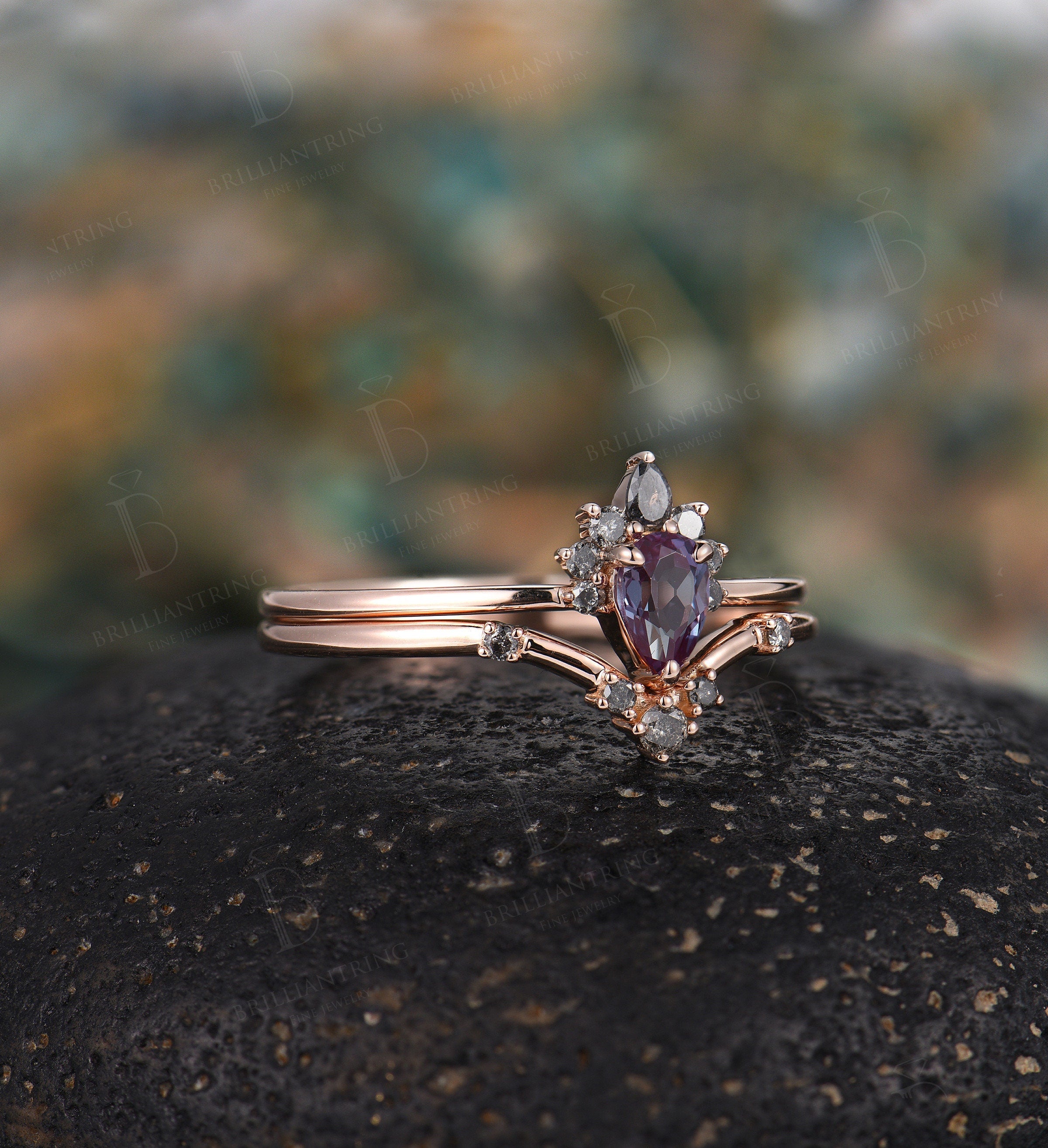 Alexandrite engagement ring set vintage pear shaped unique salt and pepper diamond band Wedding Ring set art deco Anniversary wedding ring