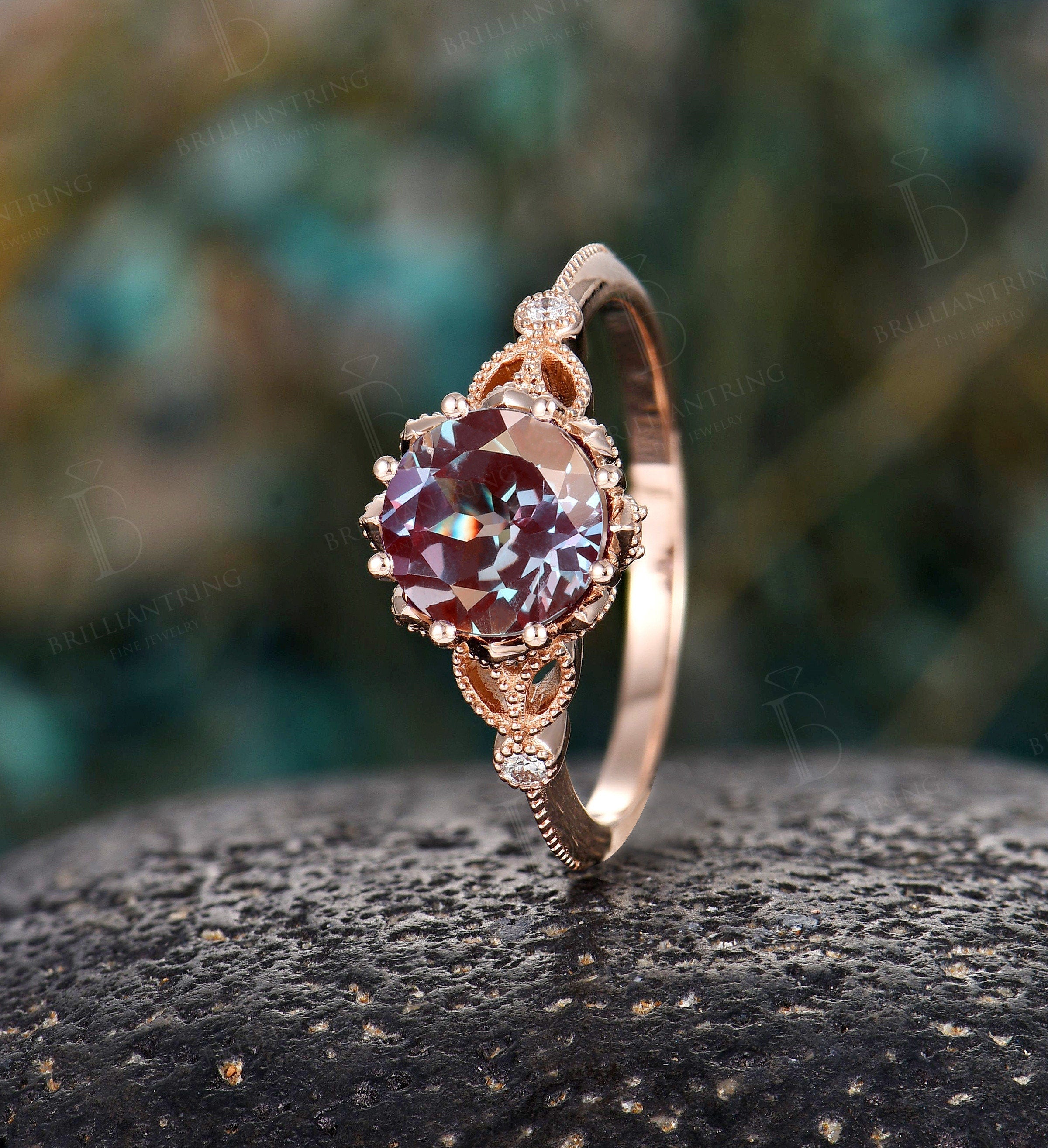 Alexandrite engagement ring Rose gold art deco vintage rings  antique milgrain Jewelry Anniversary wedding ring