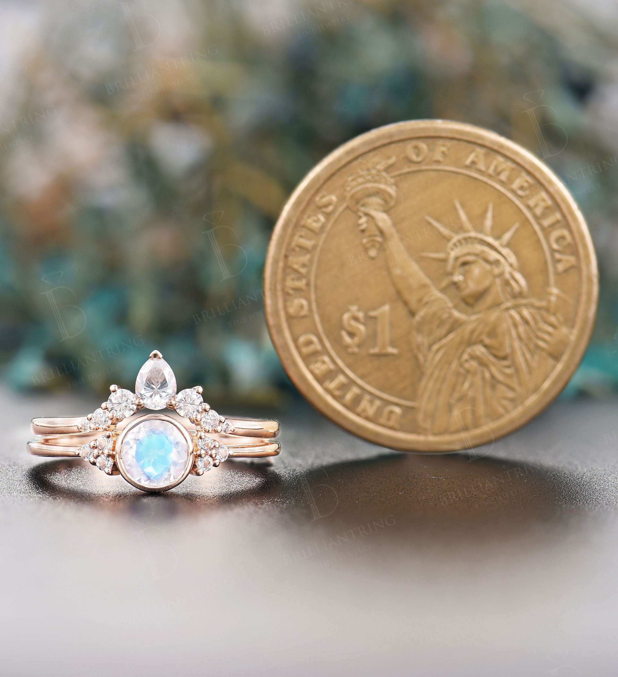 Art deco moonstone engagement ring set Vintage Topaz Jewelry rose gold Unique moissanite wedding band Bridal set Anniversary wedding ring