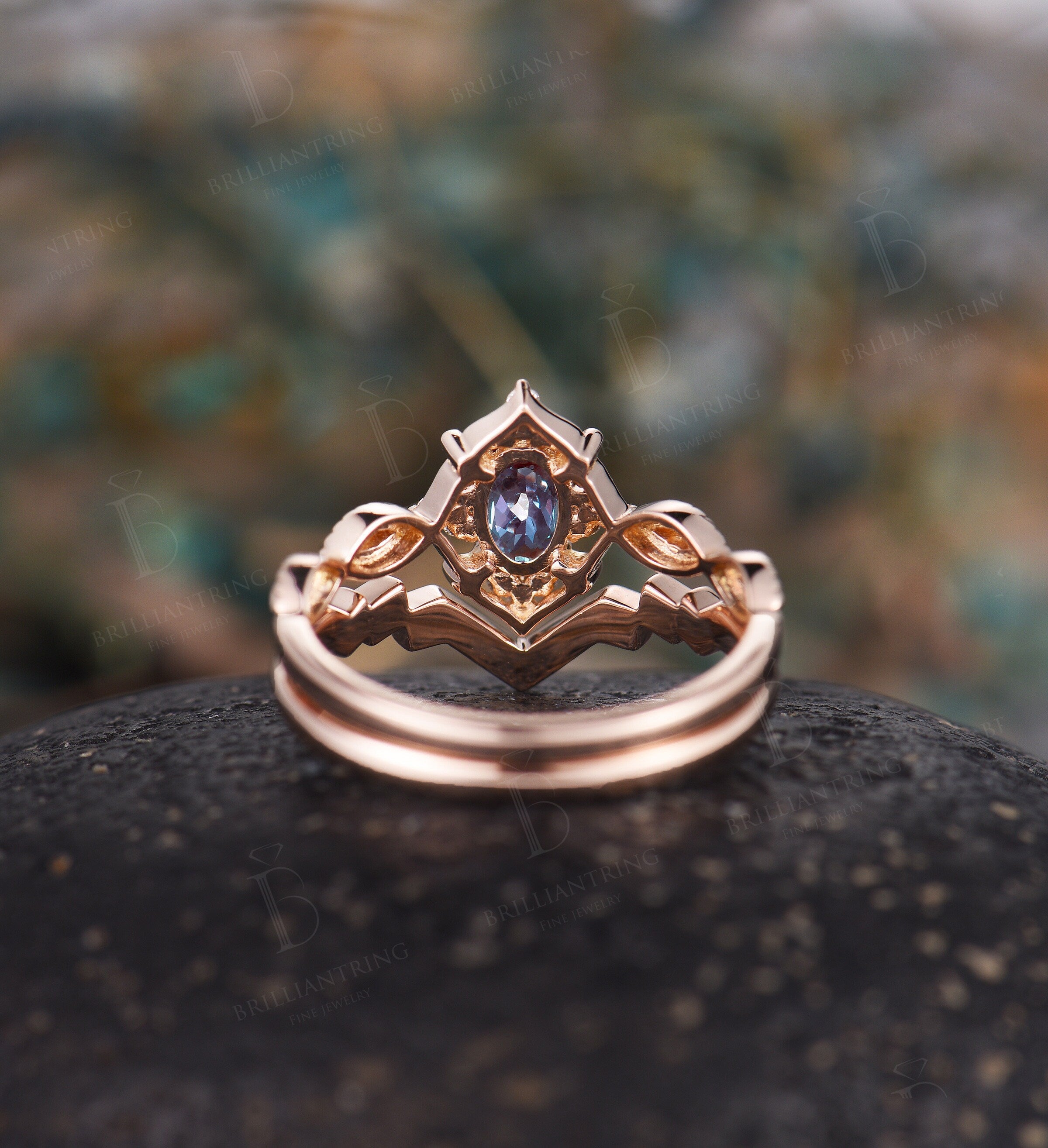 Alexandrite engagement ring set vintage rose gold oval cut Antique Delicate diamond milgrain ring Anniversary wedding ring