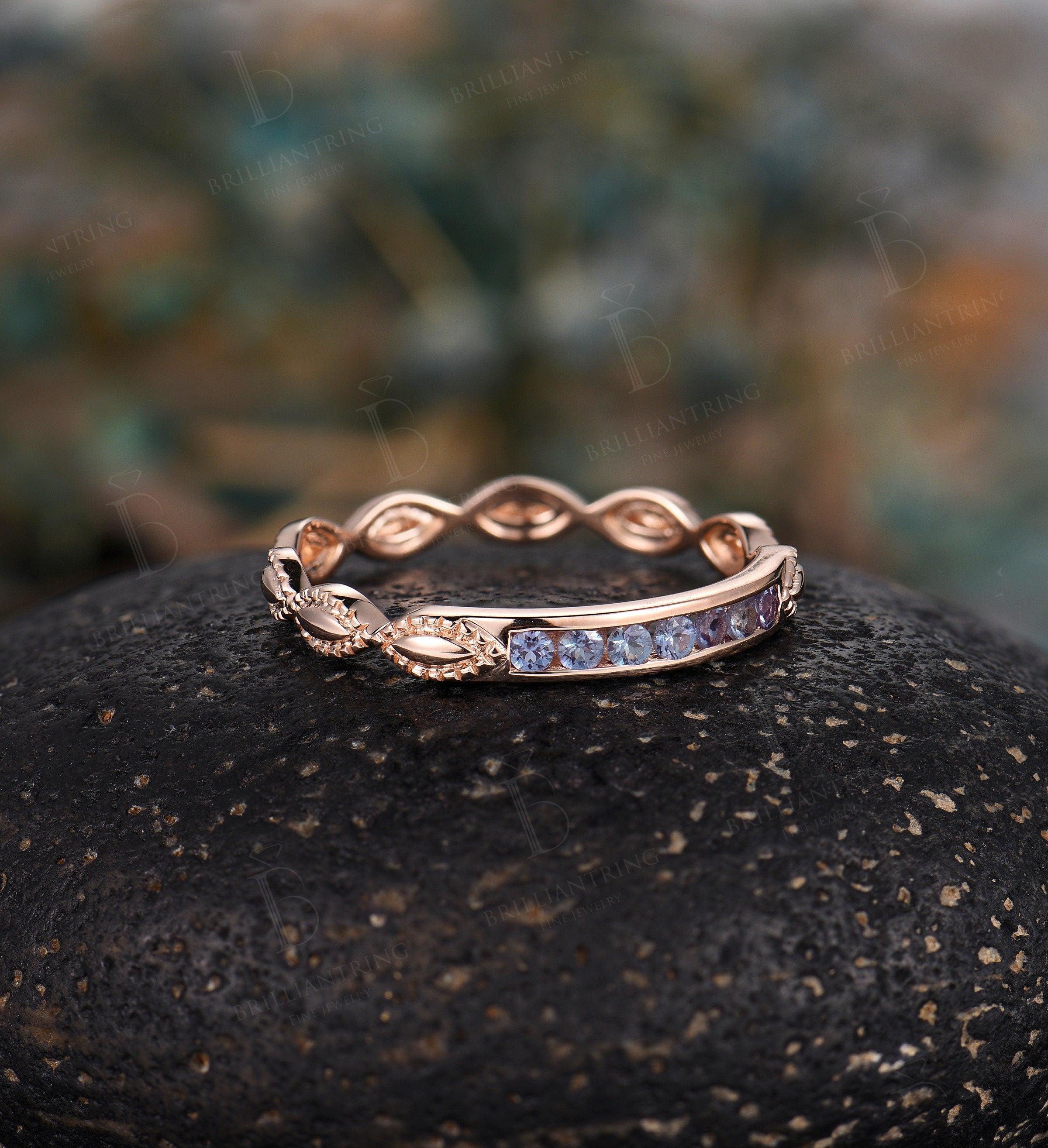 Alexandrite wedding band vintage milgrain ring unique rose gold  art deco ring  anniversary gift ring for women