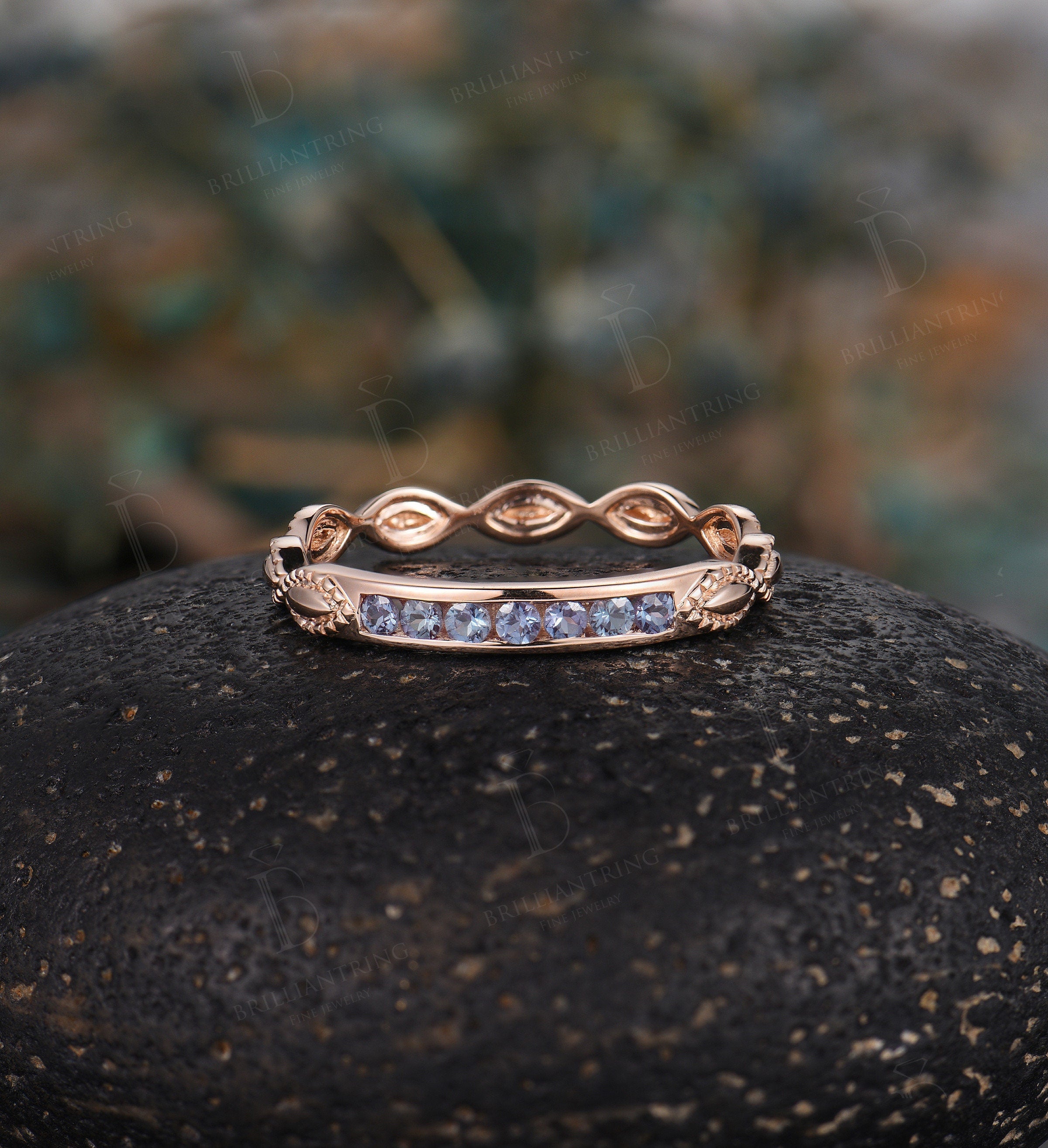 Alexandrite wedding band vintage milgrain ring unique rose gold  art deco ring  anniversary gift ring for women