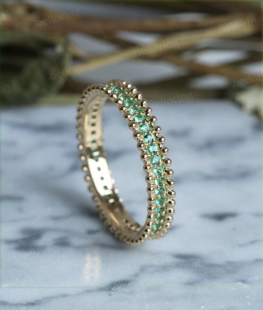 Emerald wedding band  14k yellow gold  Unique full eternity Antique Stacking ring milgrain Bridal Jewelry Anniversary Gift for her