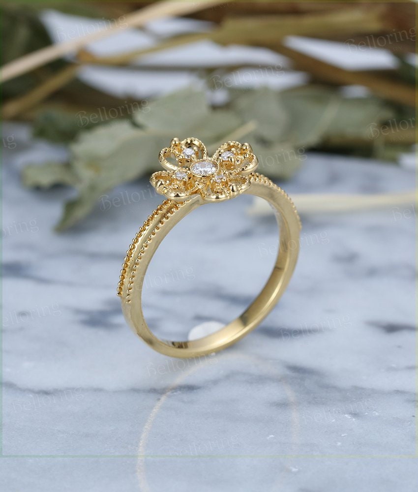 Alternative engagement ring vintage round cut  yellow gold Antique Halo diamond wedding  Unique bridal Birthstone Jewelry Anniversary